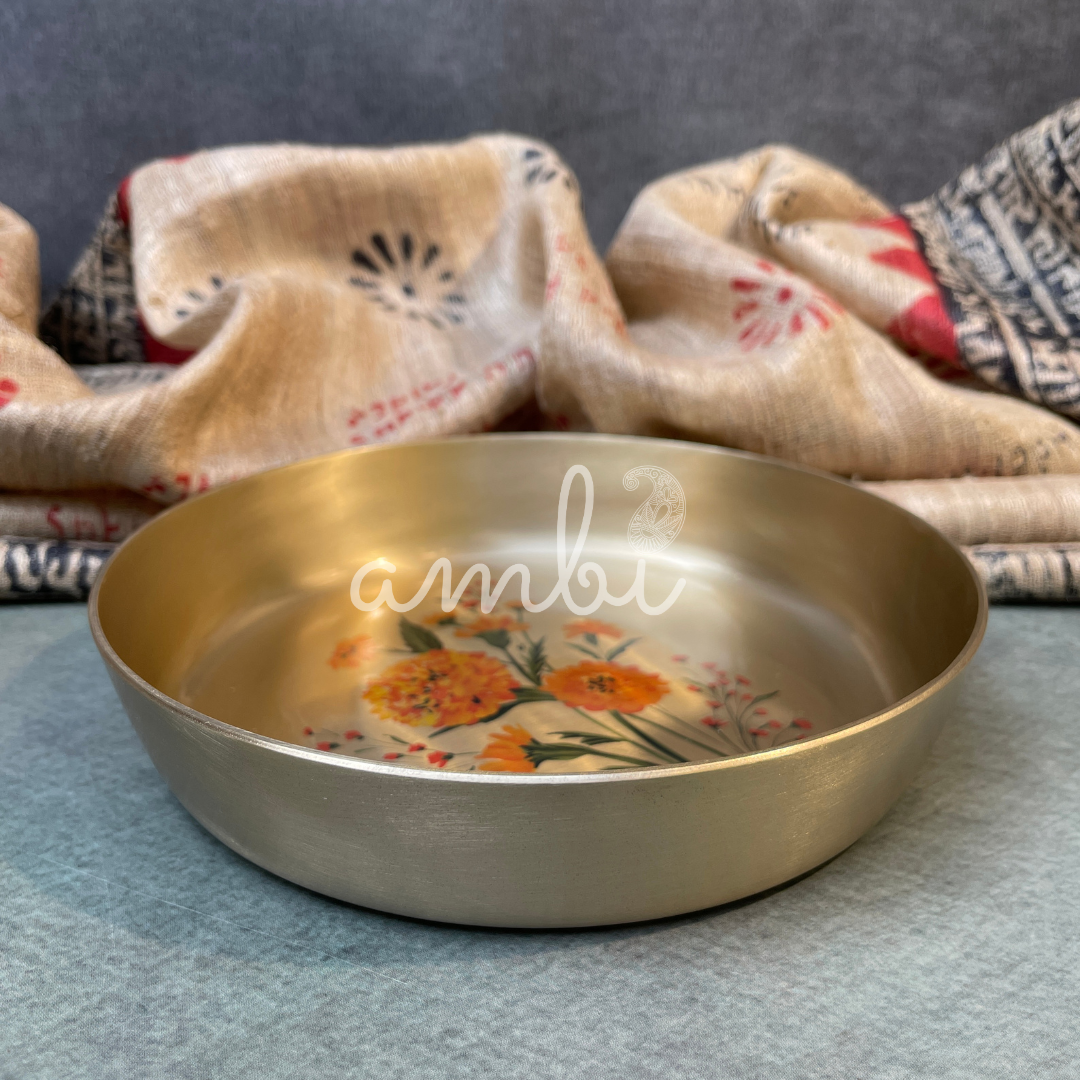 Ambi Pure Kansa Marigold Hand Painted Plate – 6 Inch | Dessert & Puja Plate