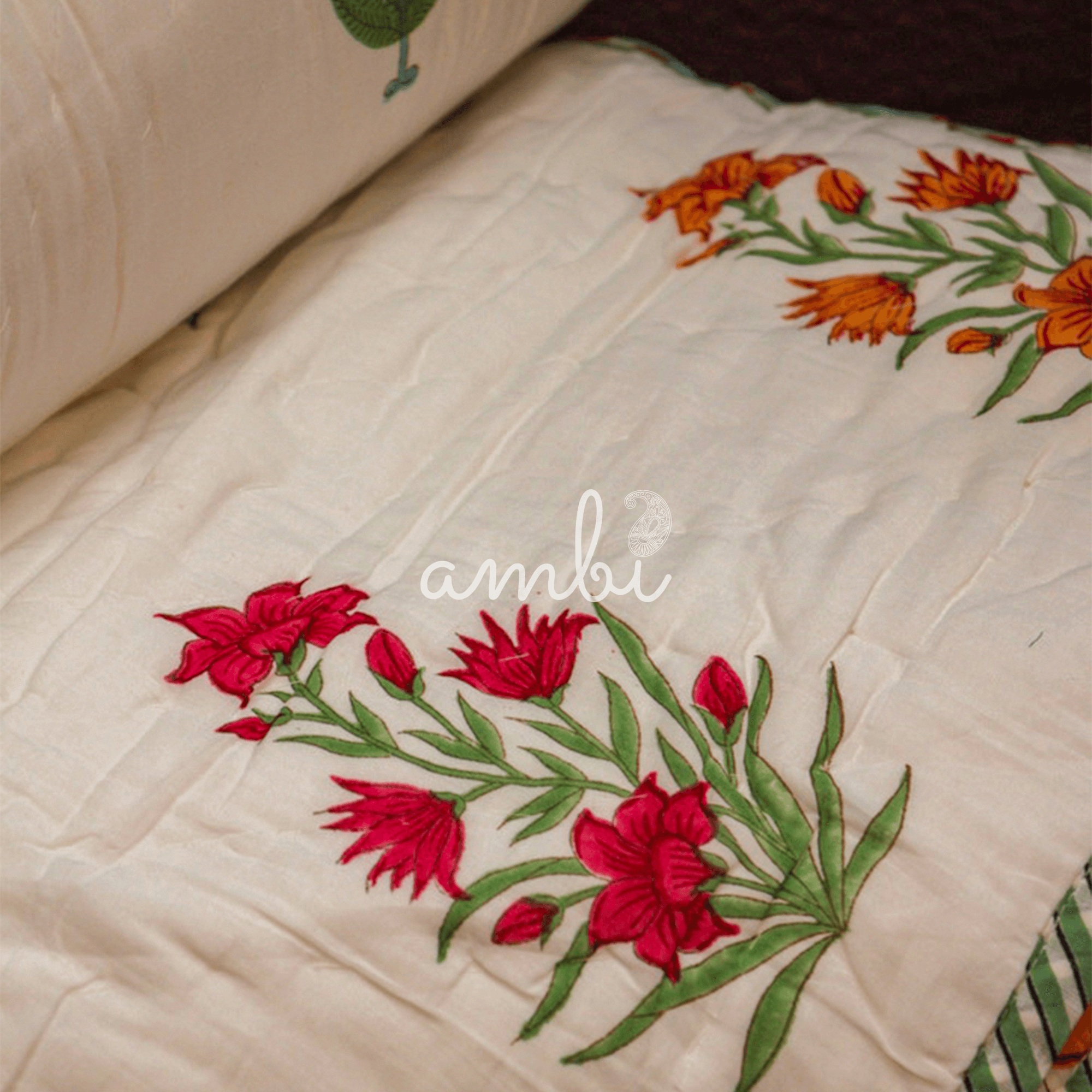 2026 Collection - Reversible Green Cypress Heavy Hand Block Printed Jaipuri Rajai / Quilt- Double - 90X108 Inches