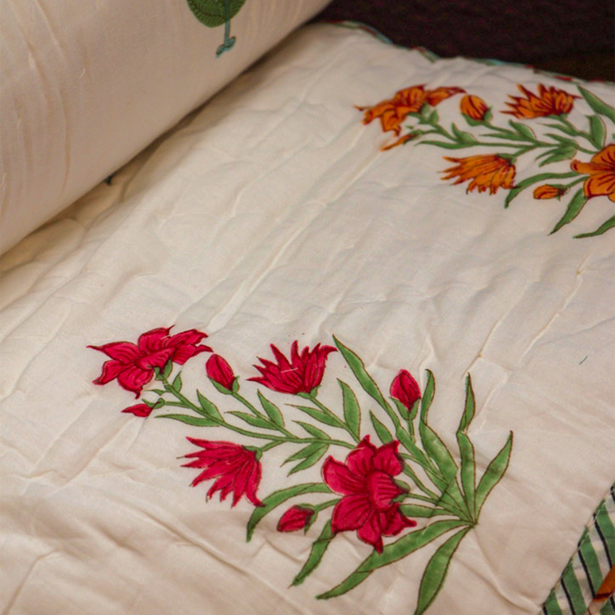 2026 Collection - Reversible Green Cypress Heavy Hand Block Printed Jaipuri Rajai / Quilt- Double - 90X108 Inches