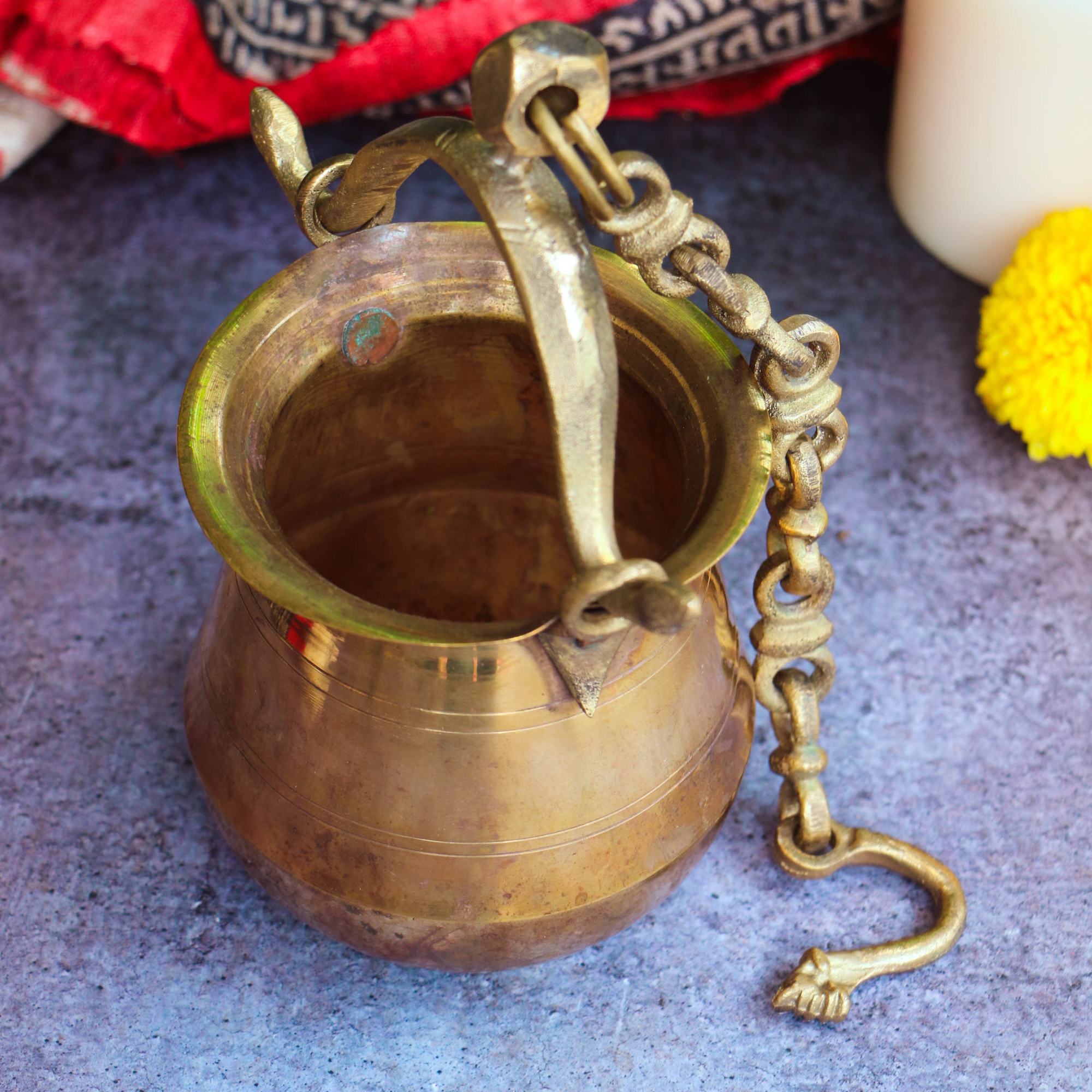 Handcrafted Vintage Heritage Brass Lota with Hanging Chain | Ambi