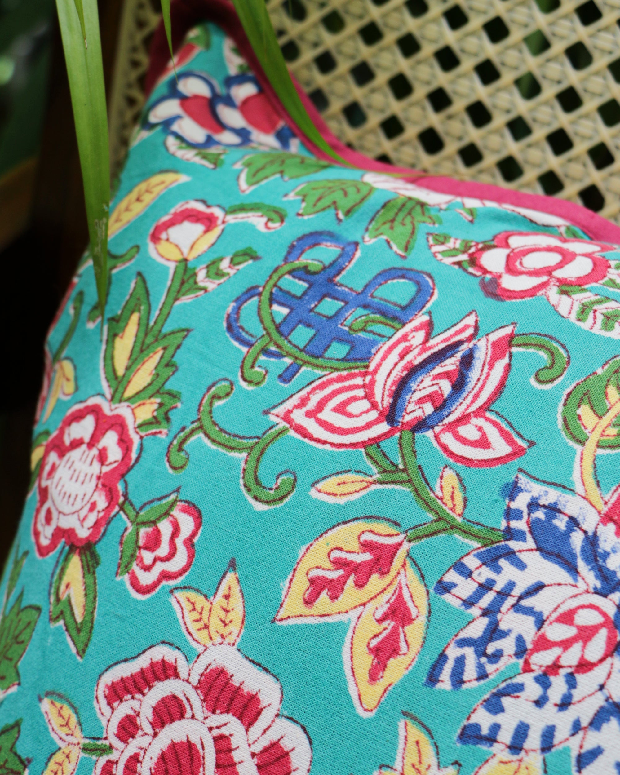 2026 Collection - Hand Block Printed Double Side Cushion Cover Cyan & Pink (Set of 5) - 16 X 16 inches