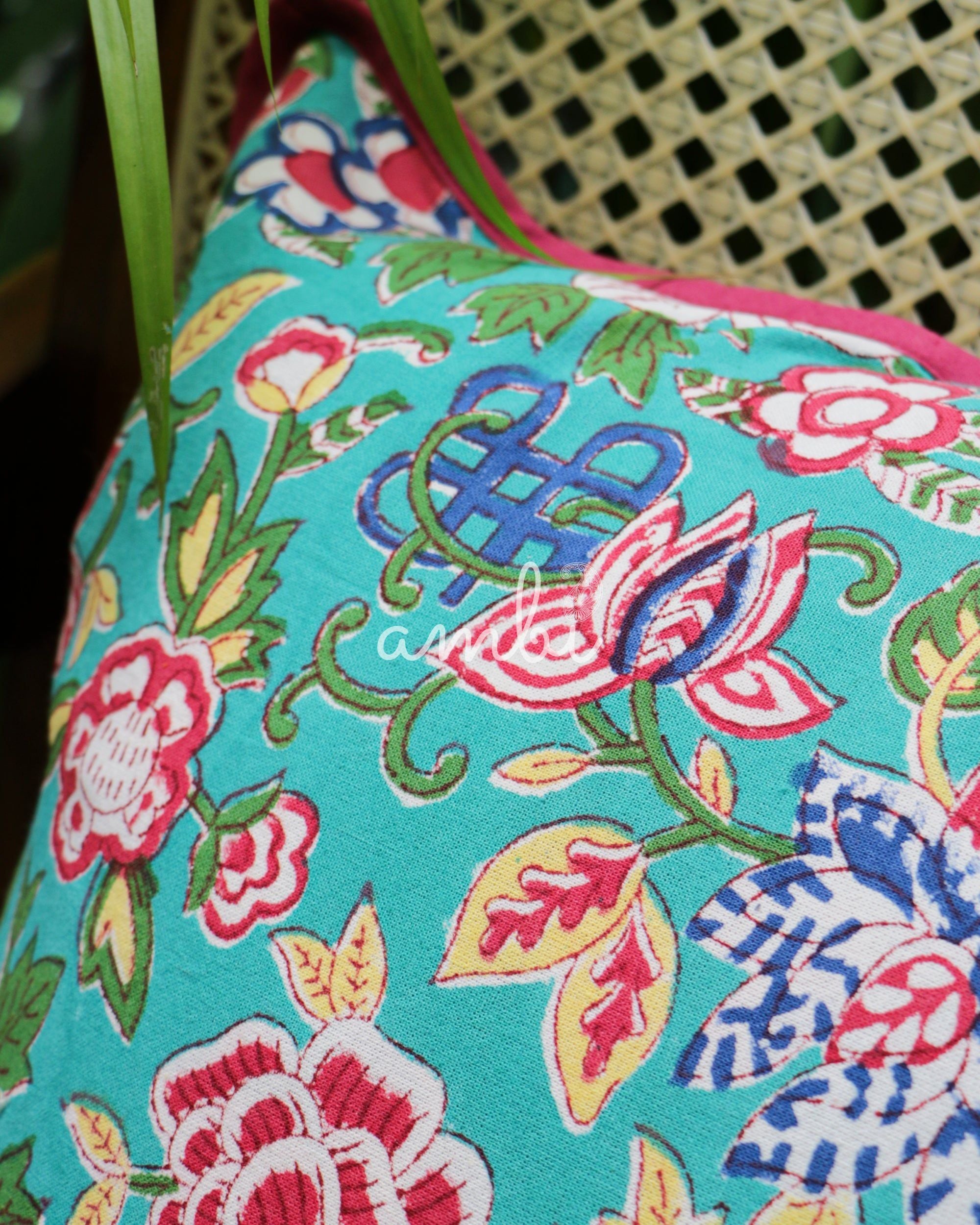 2026 Collection - Hand Block Printed Double Side Cushion Cover Cyan & Pink (Set of 5) - 16 X 16 inches