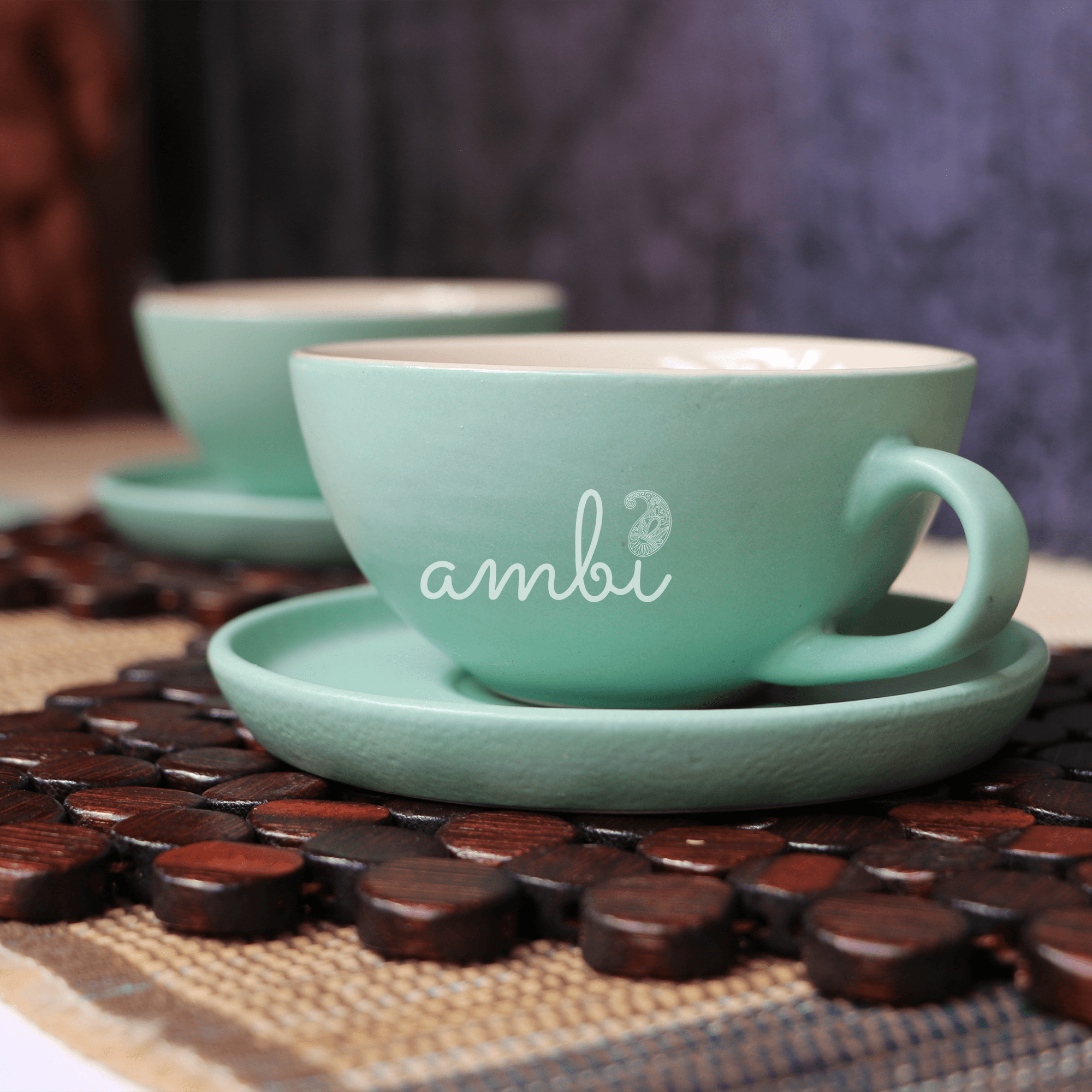 Ambi Ceramic Teal Green Cup and Saucer Set I Handmade Pottery Set of 1 - 180 ml