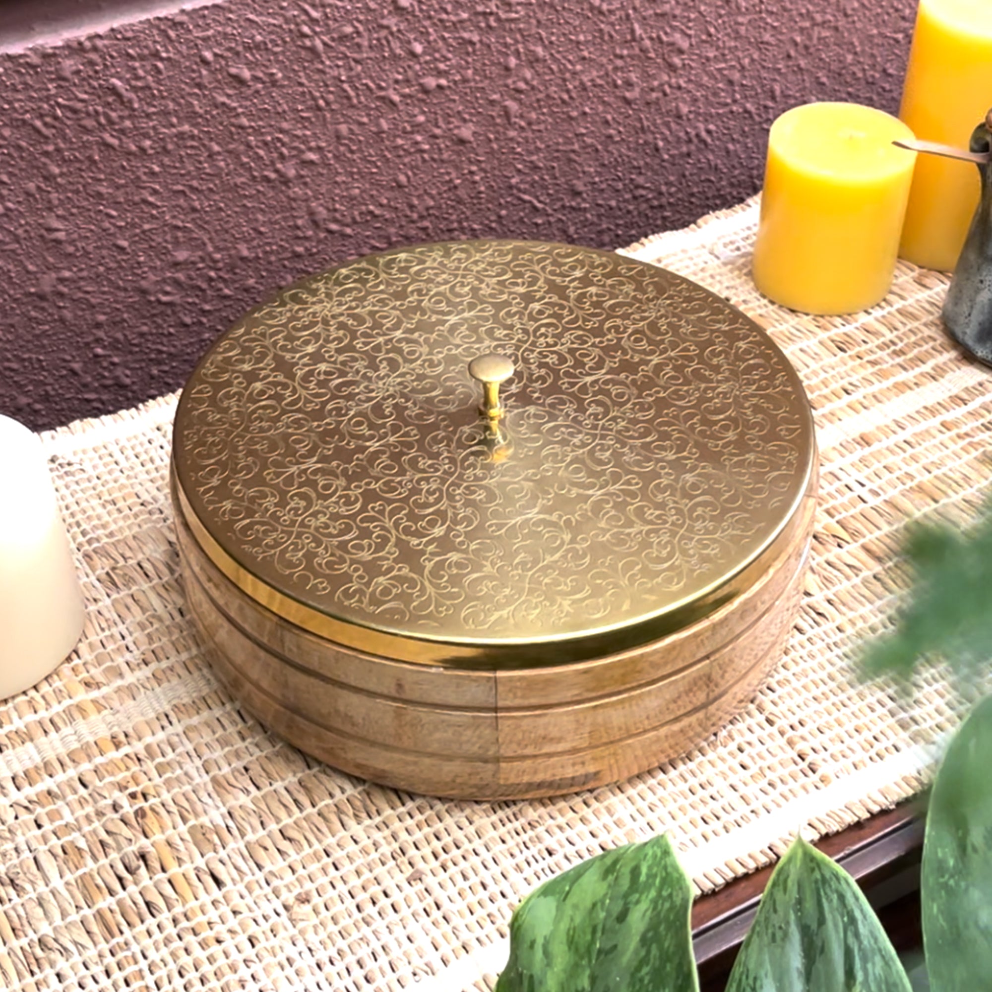 Intricately Etched Aesthetic Roti Box with Wooden Base and Tongs -  9 Inches