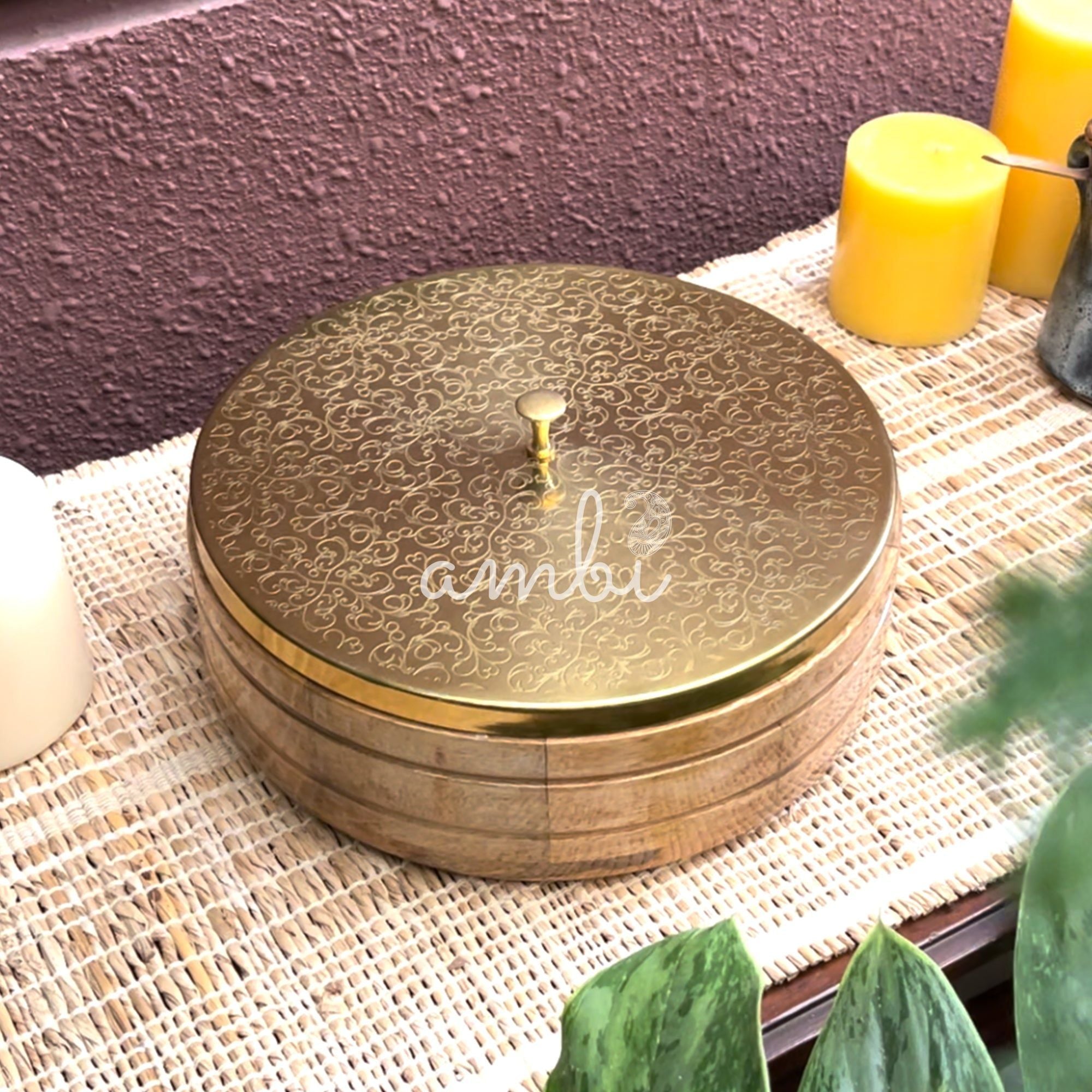 Intricately Etched Aesthetic Roti Box with Wooden Base and Tongs - 9 Inches