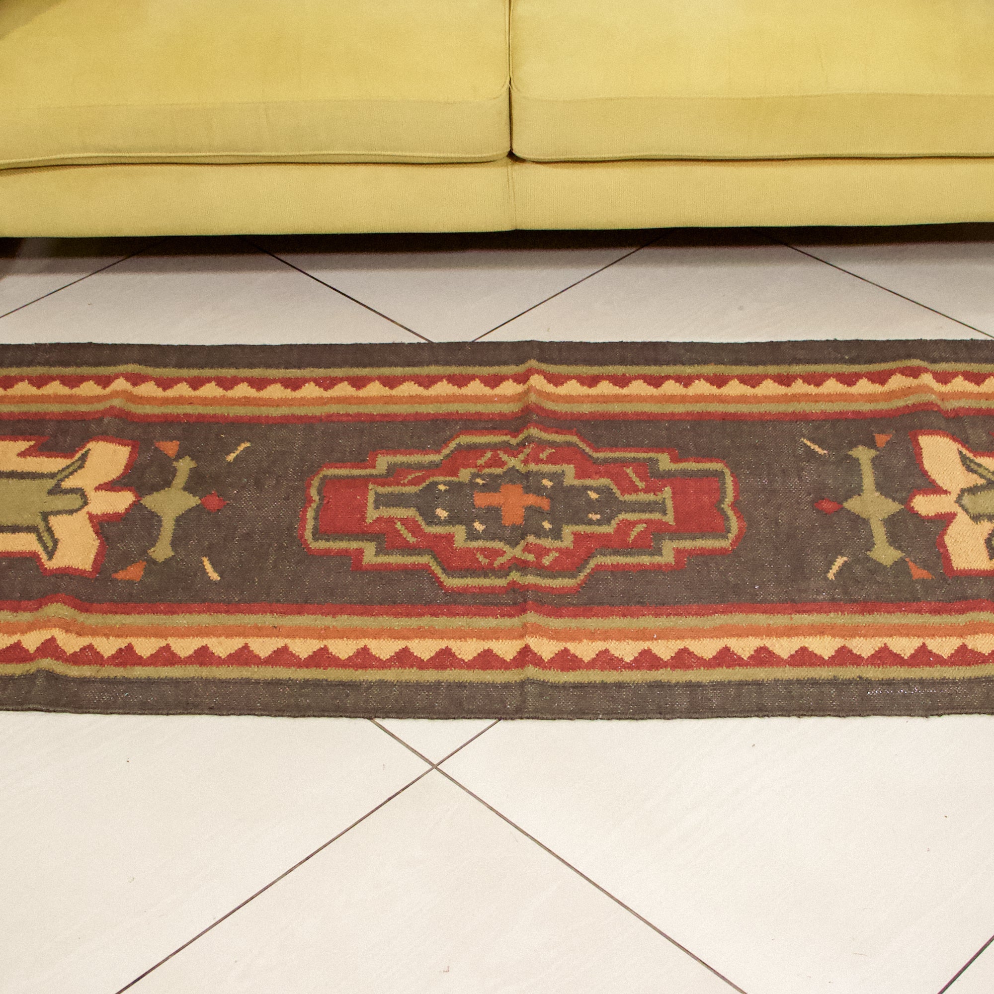 On Sale - Multicolour Woven Durrie / Rug / Bed Side Runner featuring patterns 2.5 X 8 Ft