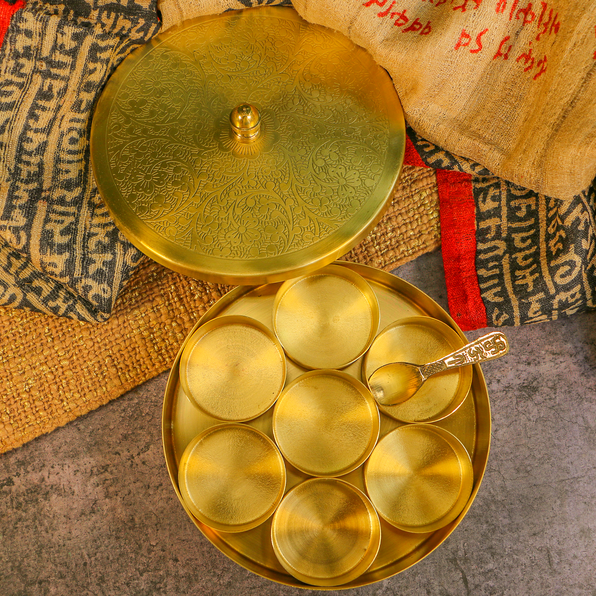 Mini Small 100% Pure Brass Spice / Supari / Churan Box Masala Daani with 7 Container - 6 inches Diameter