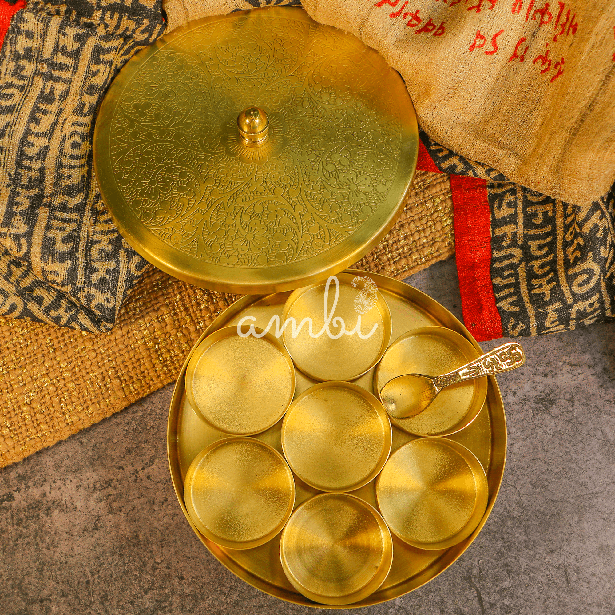 Mini Small 100% Pure Brass Spice / Supari / Churan Box Masala Daani with 7 Container - 6 inches Diameter