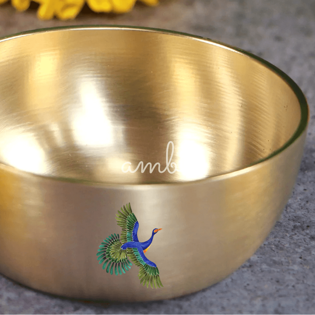 AMBI Pure 100% Lead Free Kansa Pattachitra Bird Hand Painted Finish Small Katori / Bowl - 3.5 inches - 170 ML