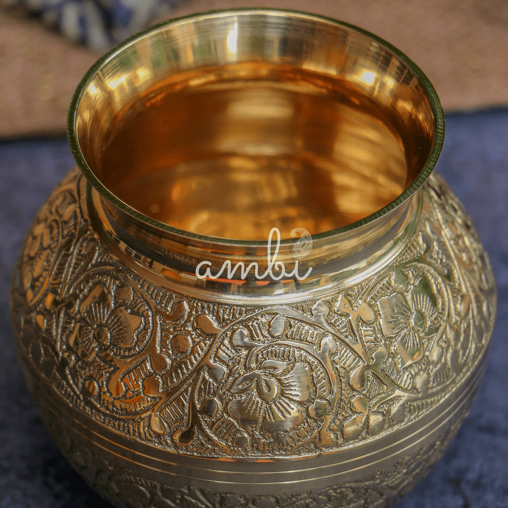 100 % Brass Embossed Lota Kalash for Pooja or Water Storage - Round