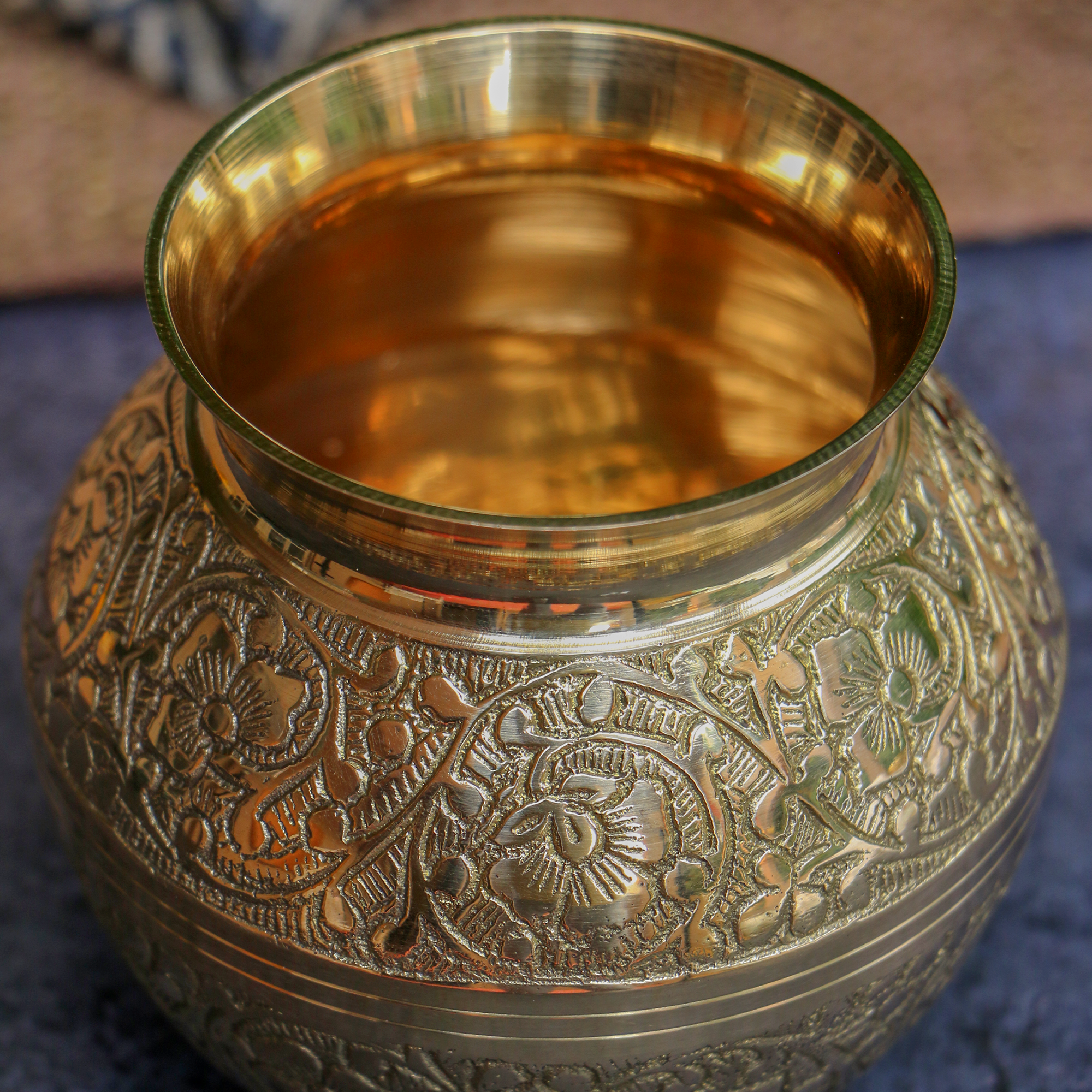 100 % Brass Embossed Lota Kalash for Pooja or Water Storage - Round