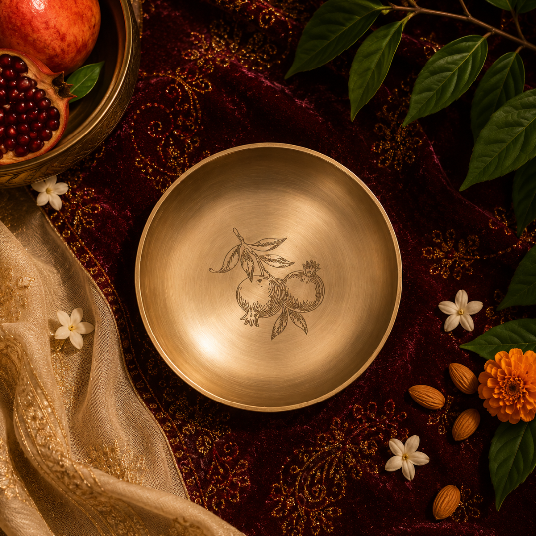 AMBI 100% Pure Lead Free Kansa Small Plate With Pomegranate Hand Etched Design -Handcrafted, Durable, Elegant | Dahiwada Plate | Dessert Plate | Puja Plate - 4 Inch