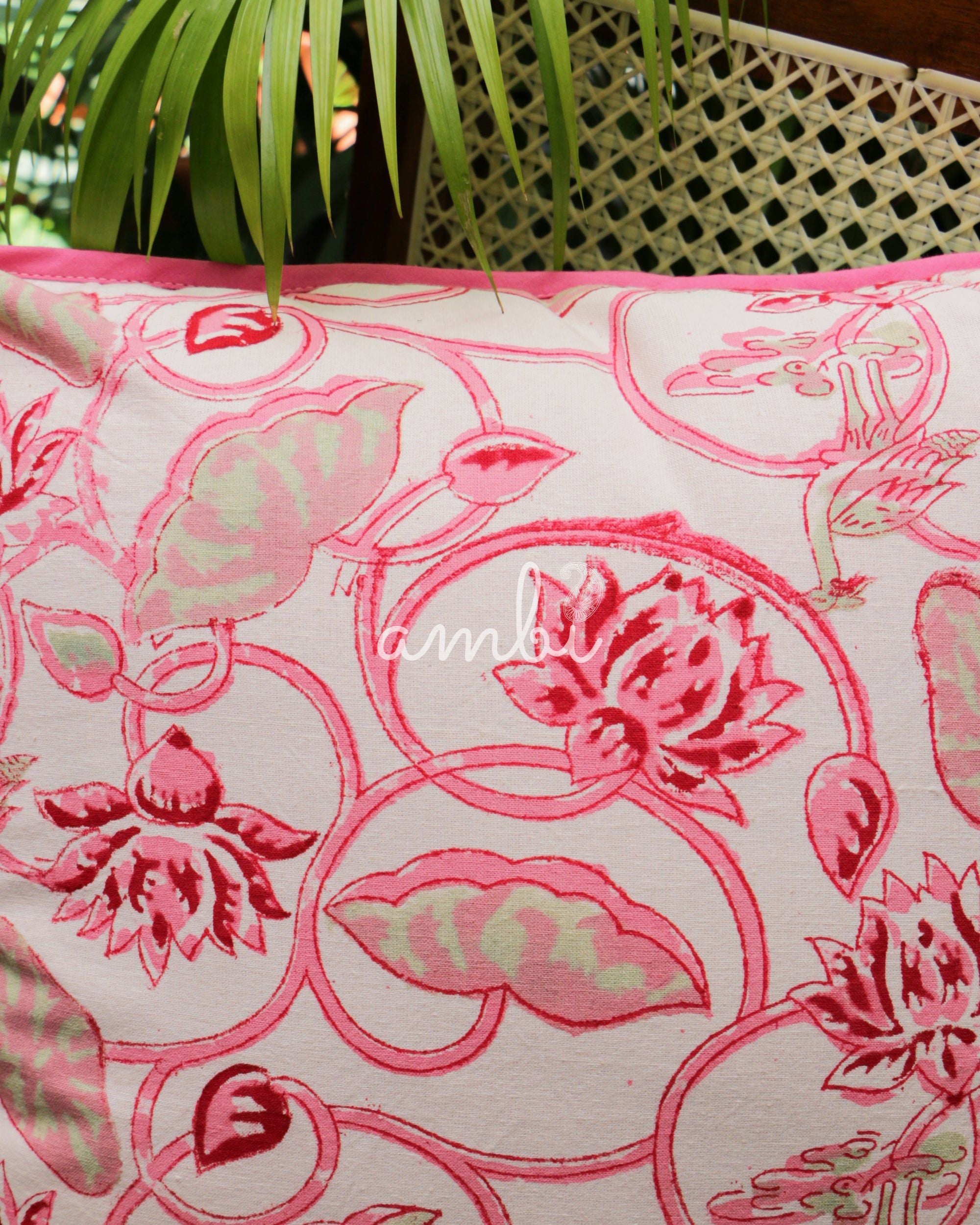 2026 Collection - Hand Block Printed Double Side Cushion Cover Pink & Cyan (Set of 4) - 16 X 16 inches