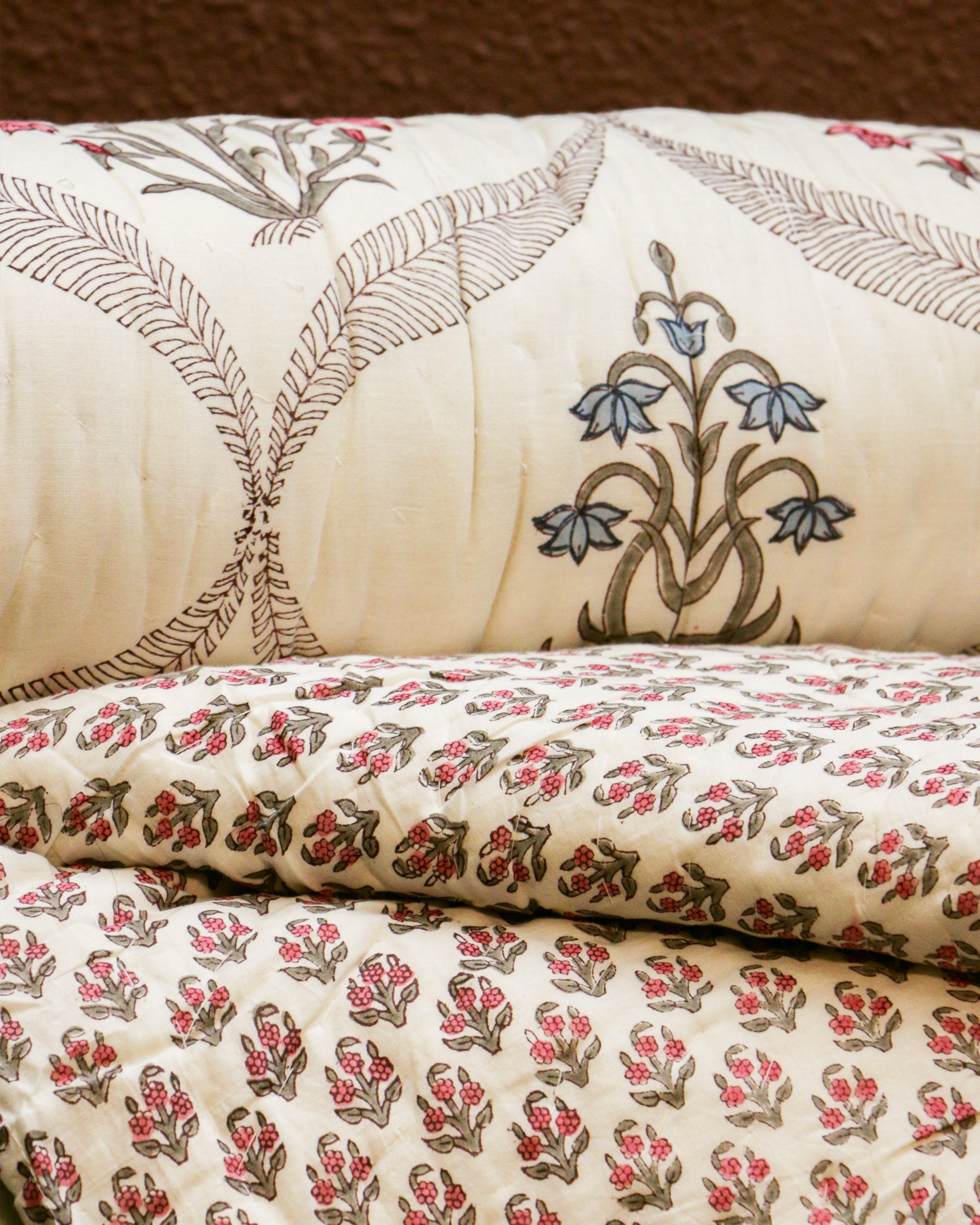 Diwali 2025 Collection - Red Blue Floral Hand Block Printed Jaipuri Rajai / Quilt- Double - 90X108 Inches