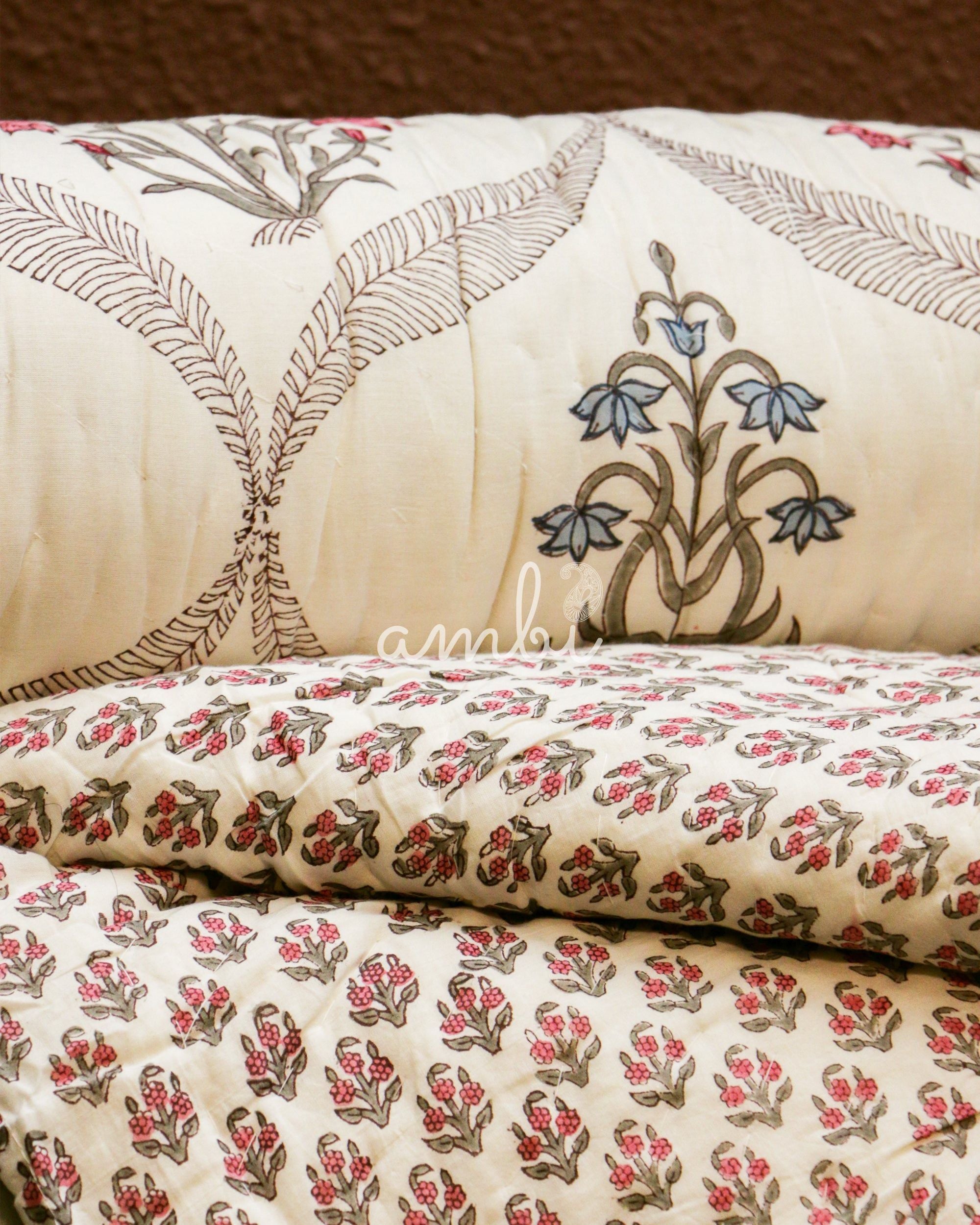 2026 Collection - Red Blue Floral Hand Block Printed Jaipuri Rajai / Quilt- Double - 90X108 Inches