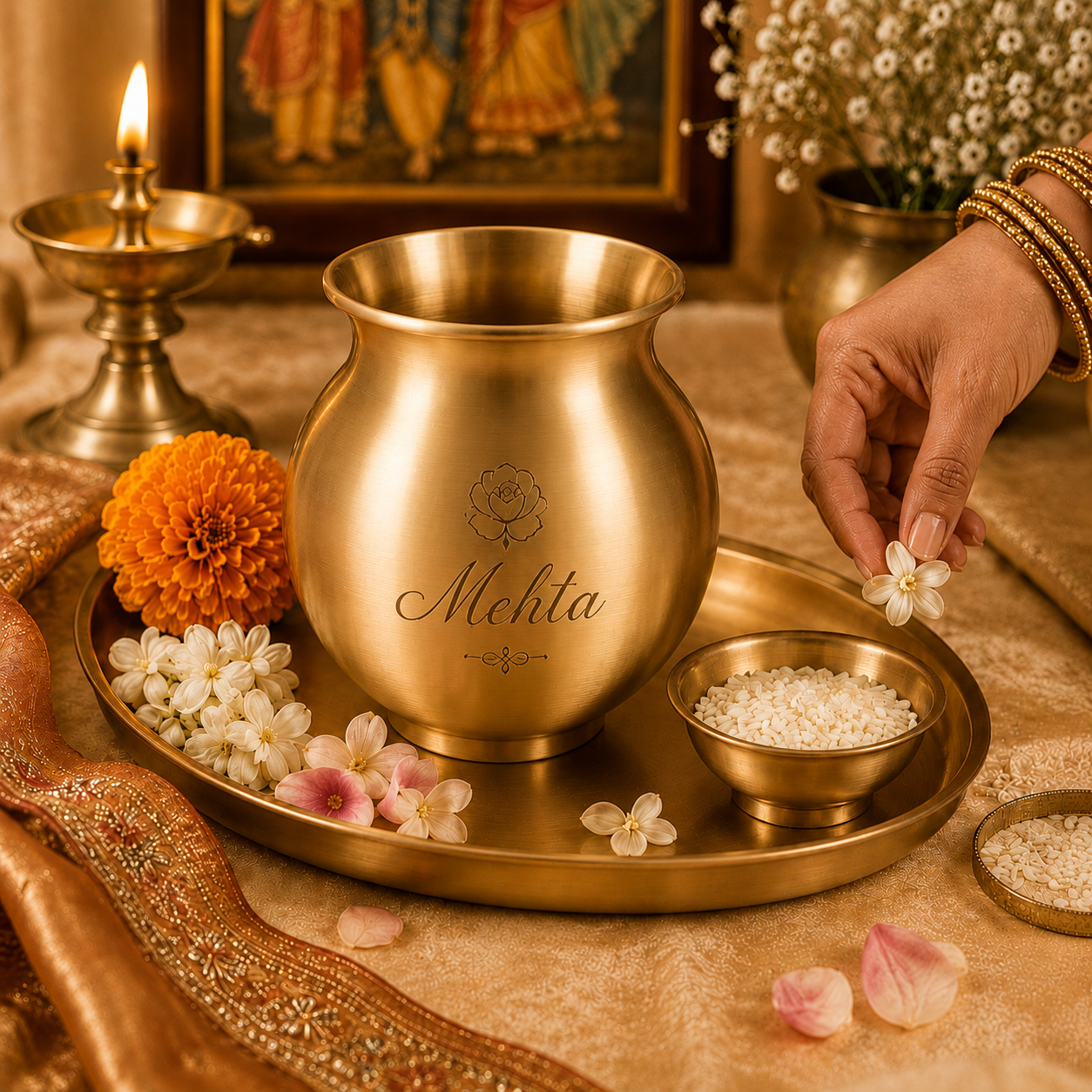 A polished brass Mehta pot with a matching tray, surrounded by white and orange flowers, a lit diya, and a hand placing a small white flower, set against a warm, traditional background.