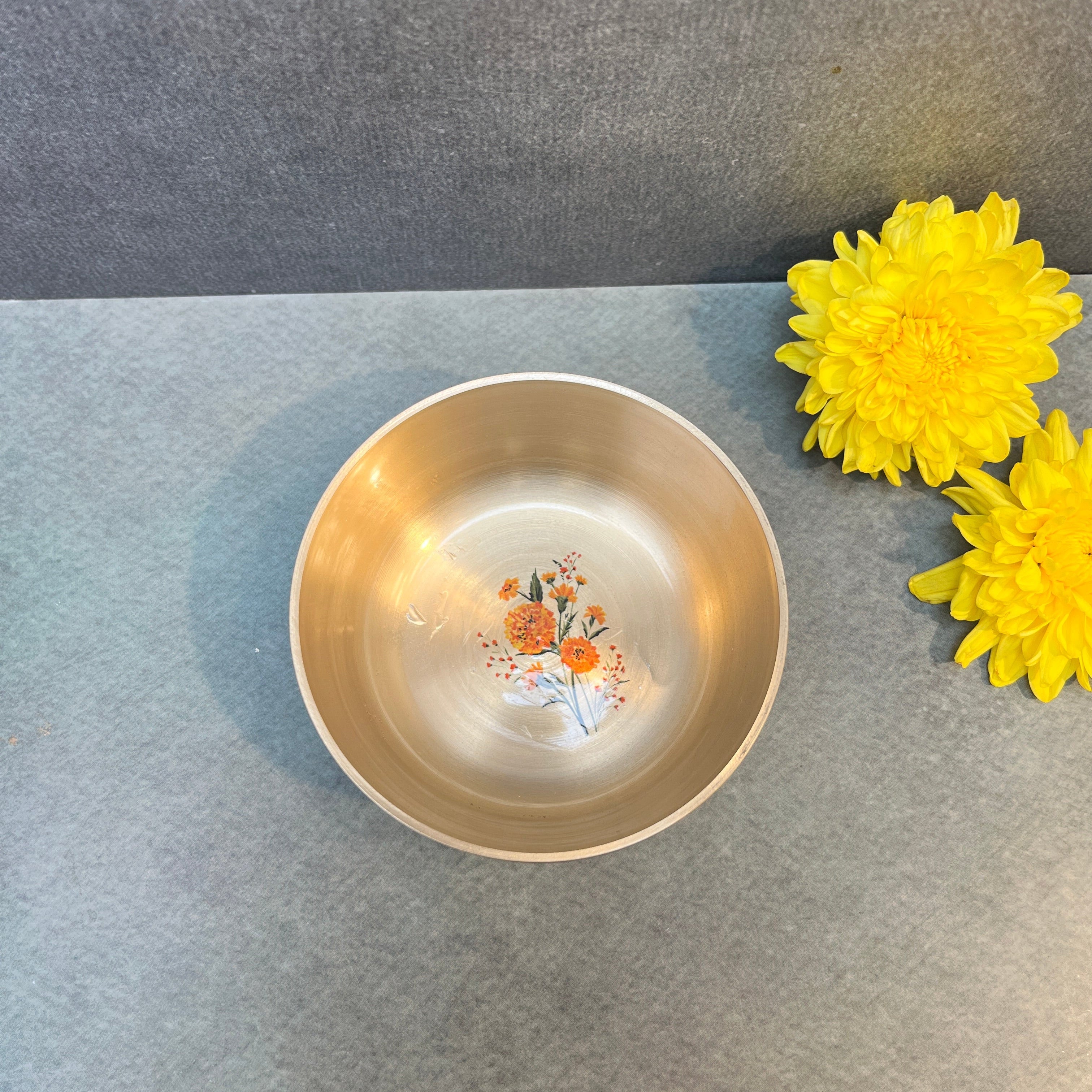 AMBI Lead Free 100% Pure Kansa Small Marigold Hand Painted Finish Small Bowl - 3.5 Inch - 180 ML