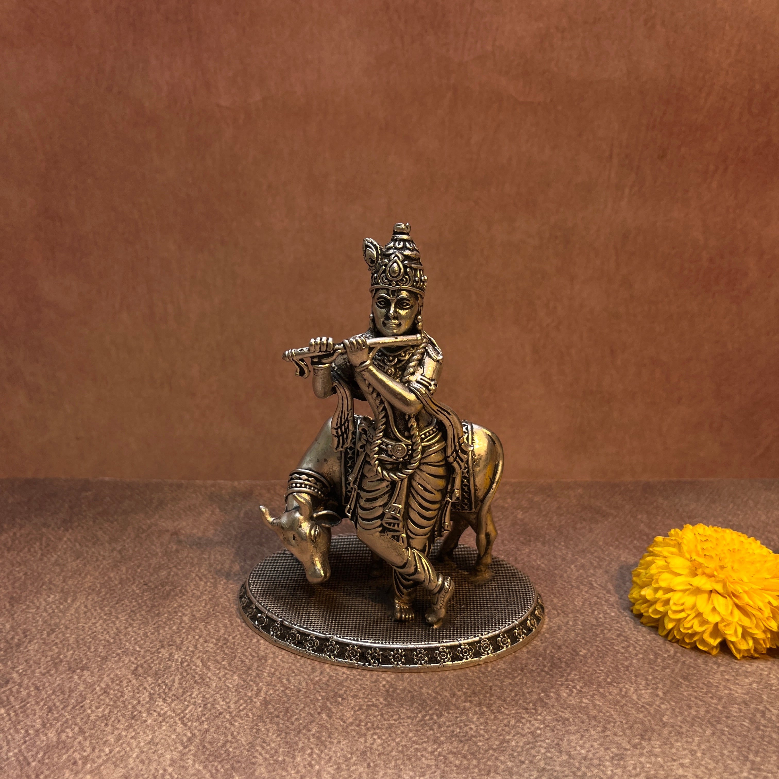 Ambi Pure Brass Lord Krishna with Cow Statue – Flute Playing Krishna (Muralidhar) Idol |Silver Finish| - 5 Inch Height