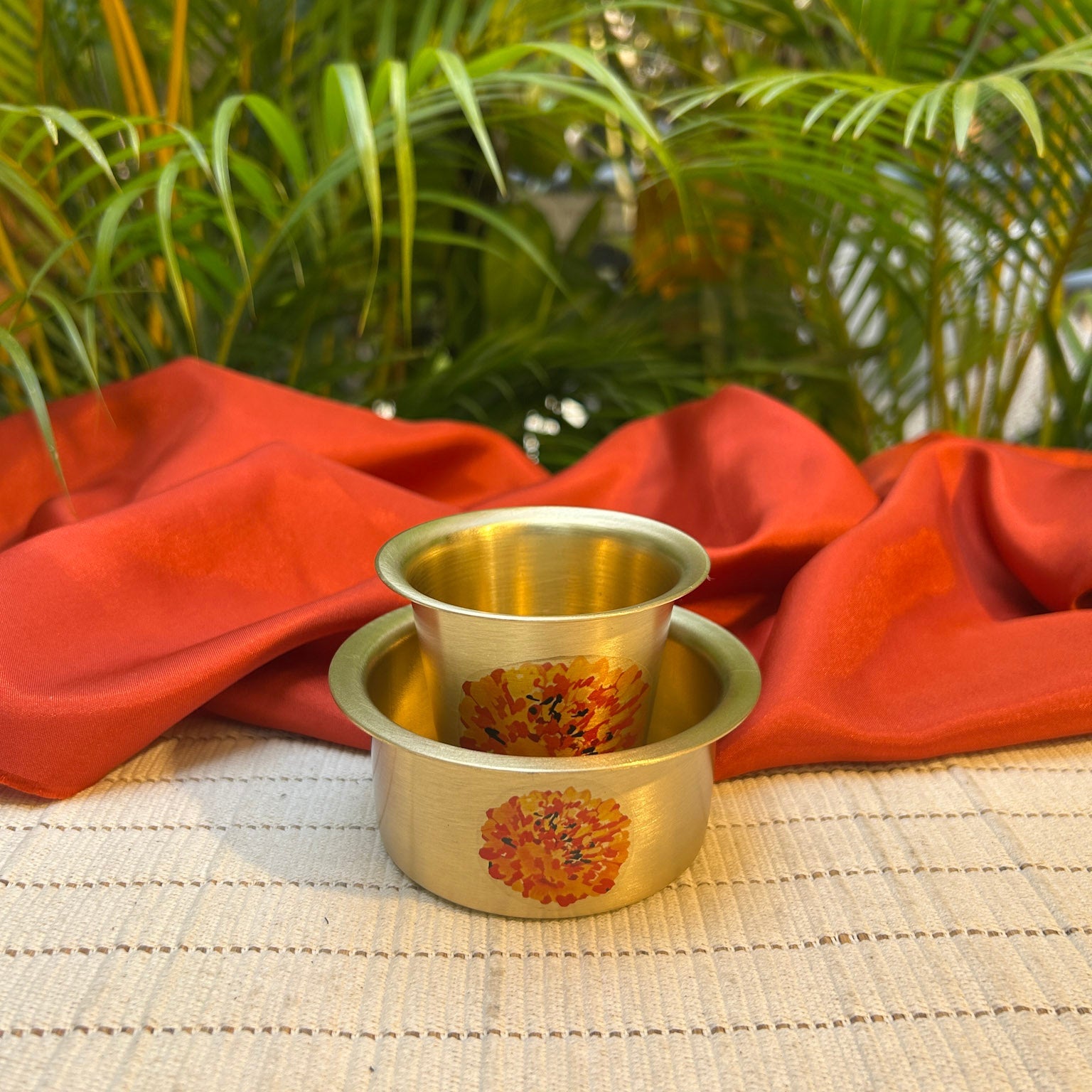 Ambi Pure Brass Marigold Hand-Painted South Indian Coffee Dabara Set