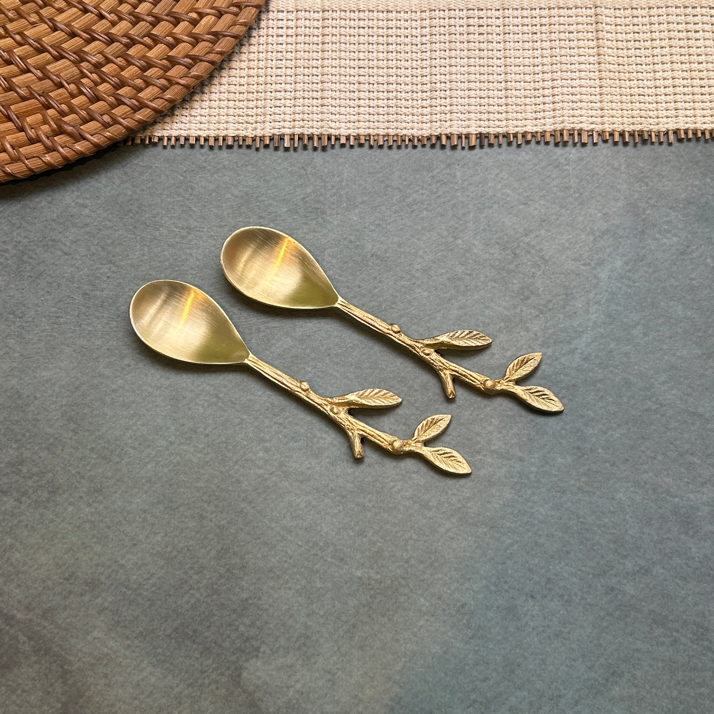 Ambi Double Golden Leaf Pure Brass Spoon | Set of 2, 4 or 6