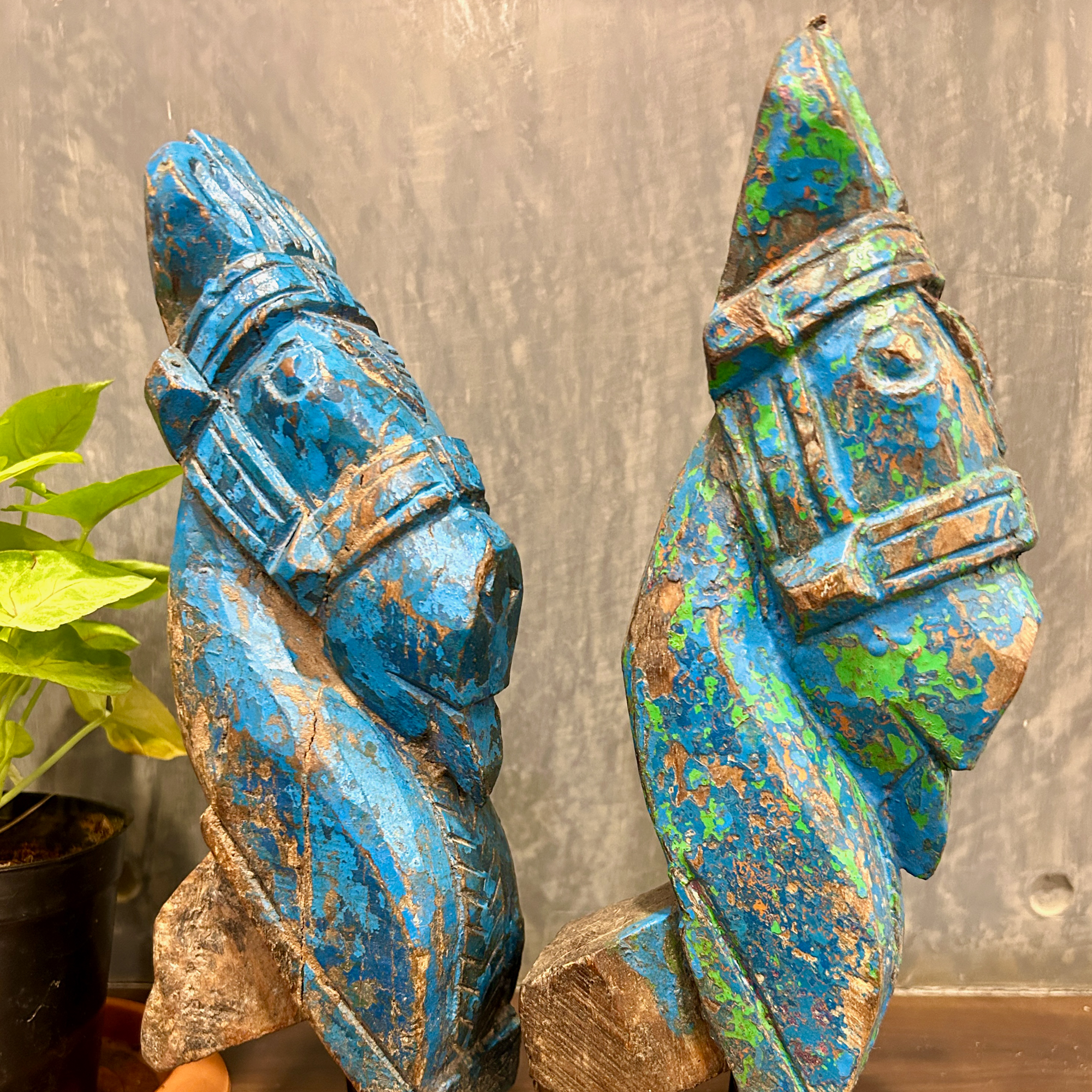 Hand Crafted Wooden Horses With Stand (Blue) - Pair of 2 - collectors items