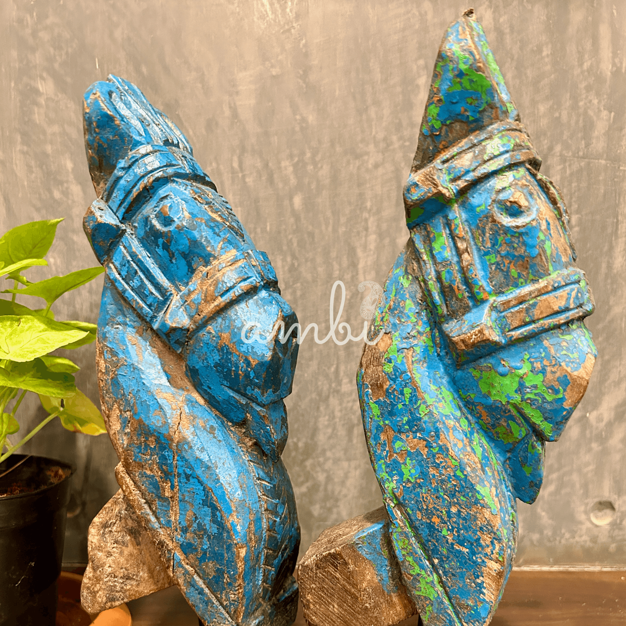 Hand Crafted Wooden Horses With Stand (Blue) - Pair of 2 - collectors items