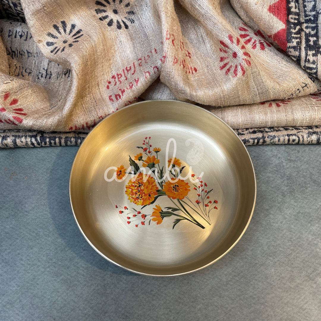 Ambi Pure Kansa Marigold Hand Painted Plate – 6 Inch | Dessert & Puja Plate