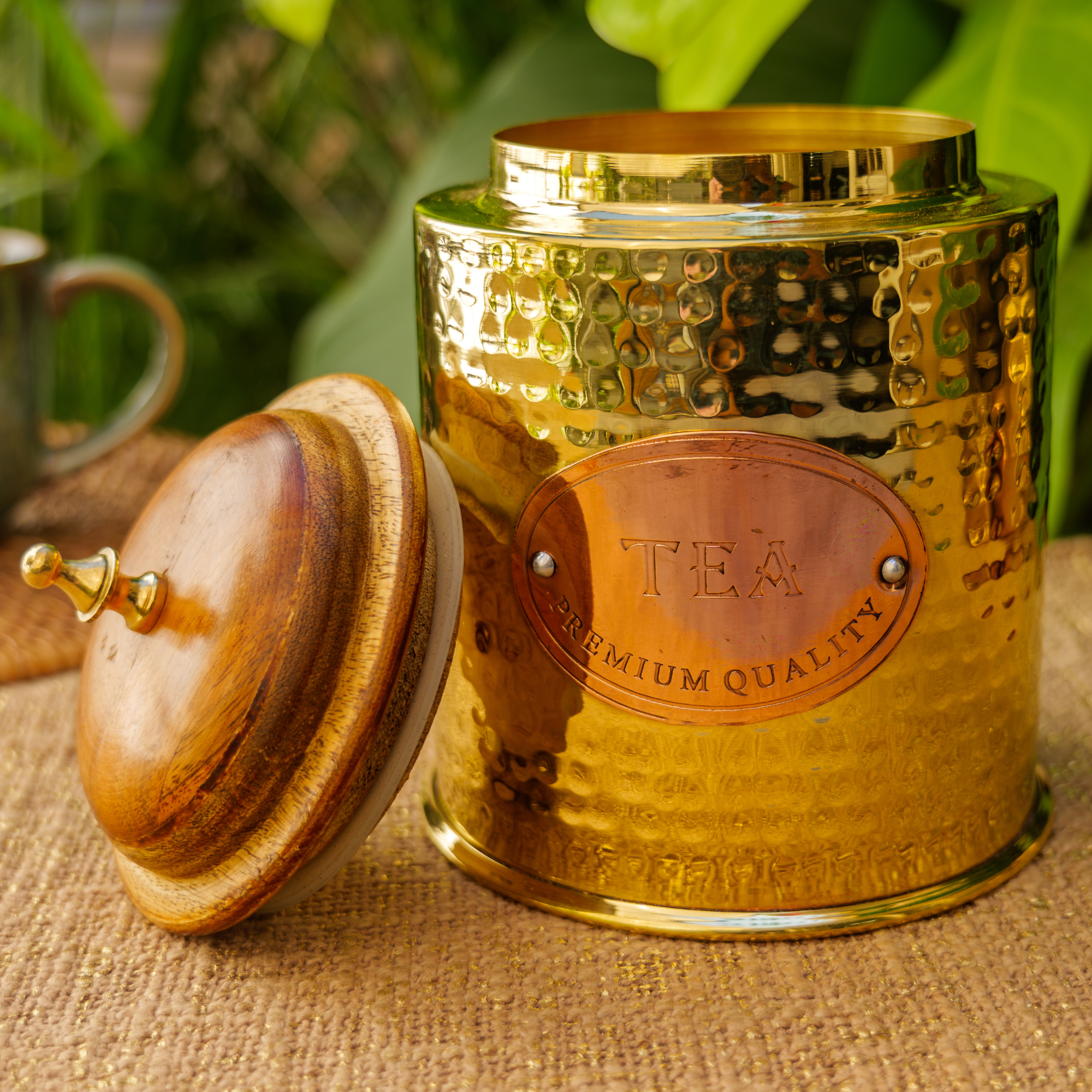 Tea Jar - Pure Brass Hammered Jar Storage Container - Large - Wood Lid
