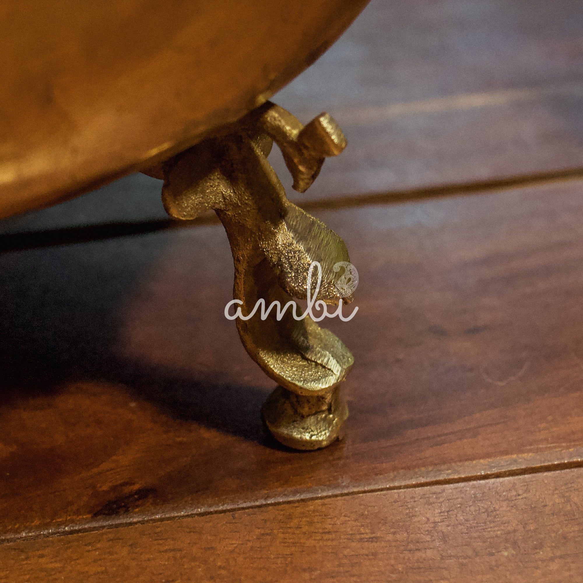 Handcrafted Vintage Floral Engraved Brass Chapati Box on Legs - Small