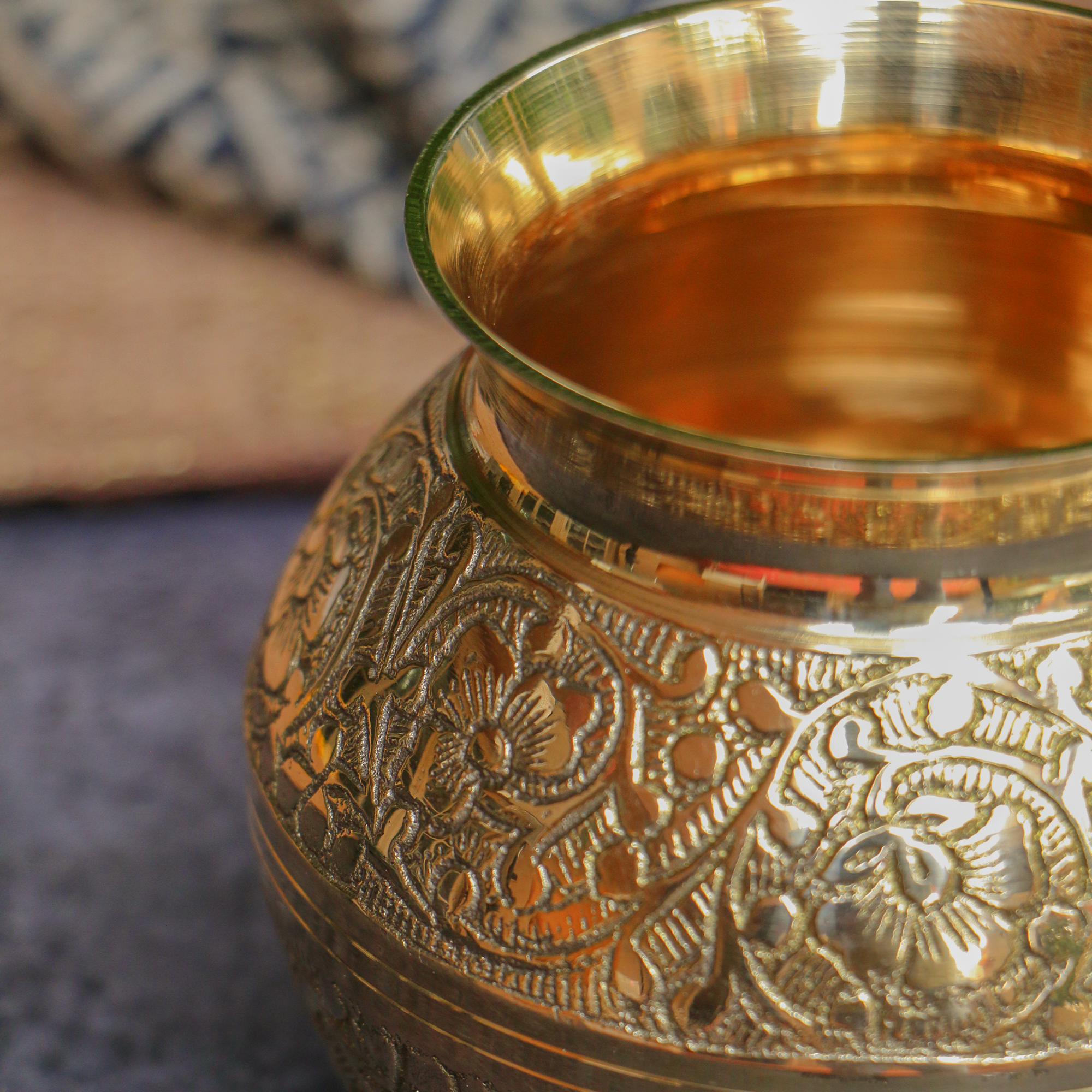 100 % Brass Embossed Lota Kalash for Pooja or Water Storage - Round