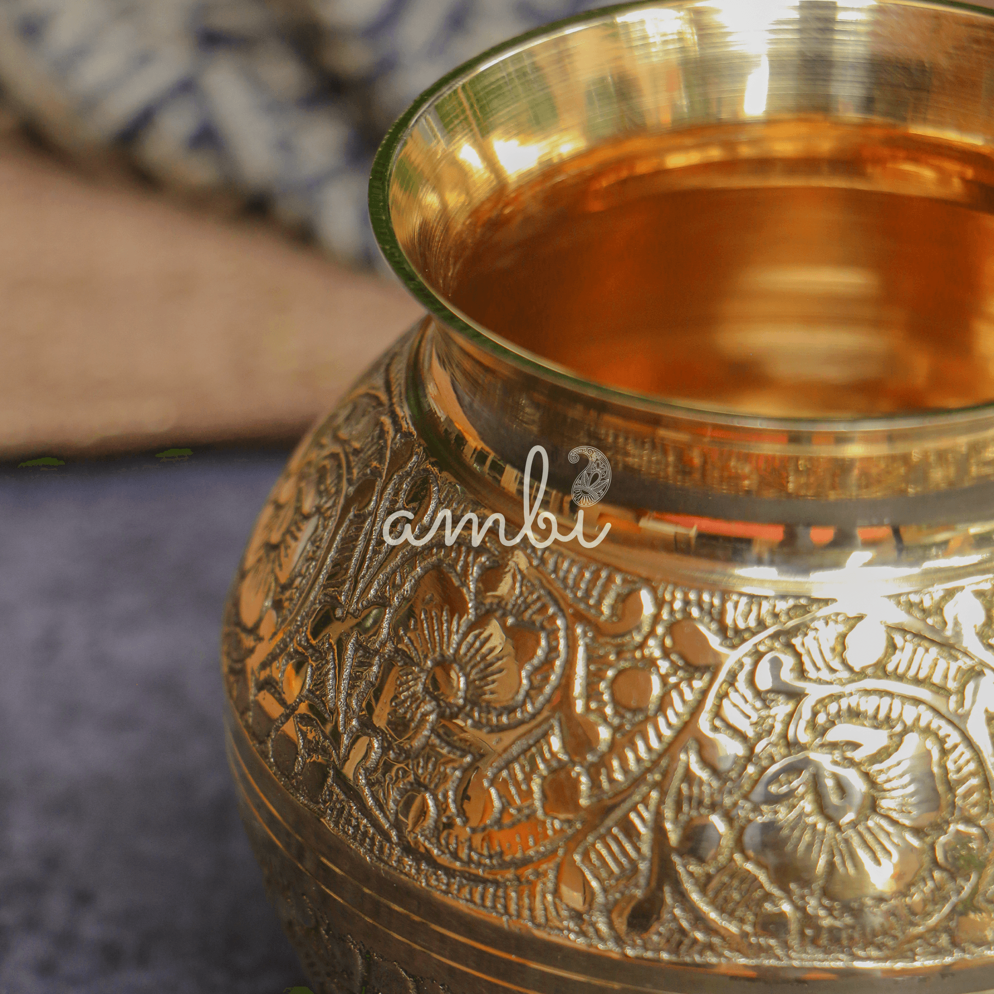 100 % Brass Embossed Lota Kalash for Pooja or Water Storage - Round