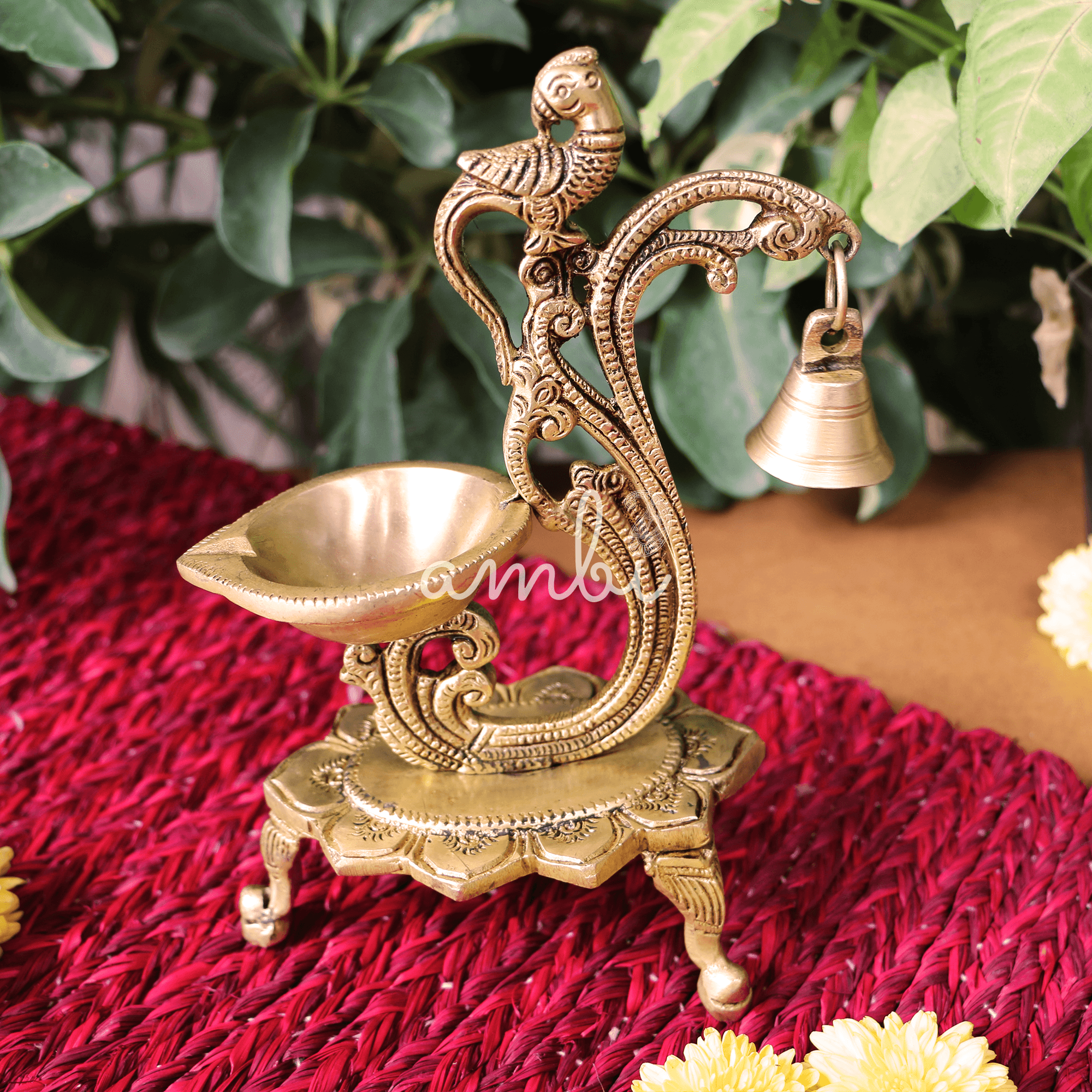 Pure Brass Peacock Antique Style Deepak/Diya Large with Bell - Heavy make