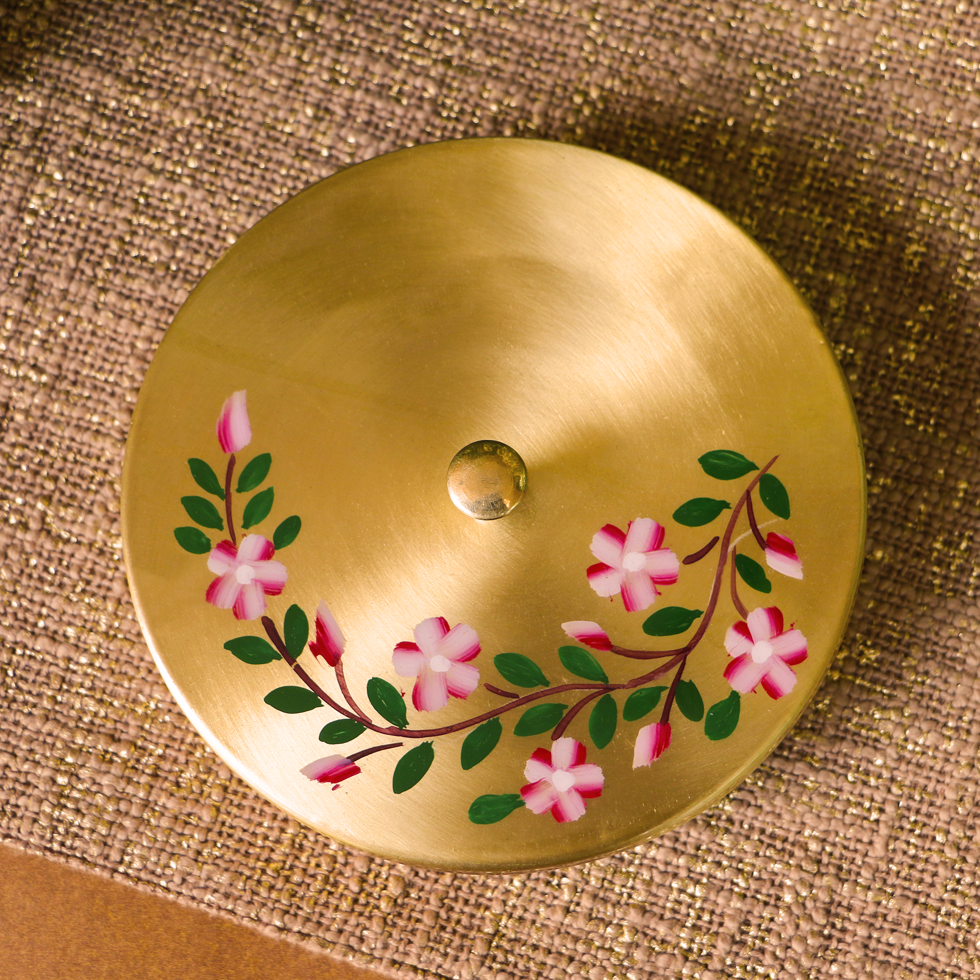 Hand Painted - Pure Brass Floral Storage Box / Cookie Box / Jewellery / Trinket - 6.5 Inches Diameter - Floral Design