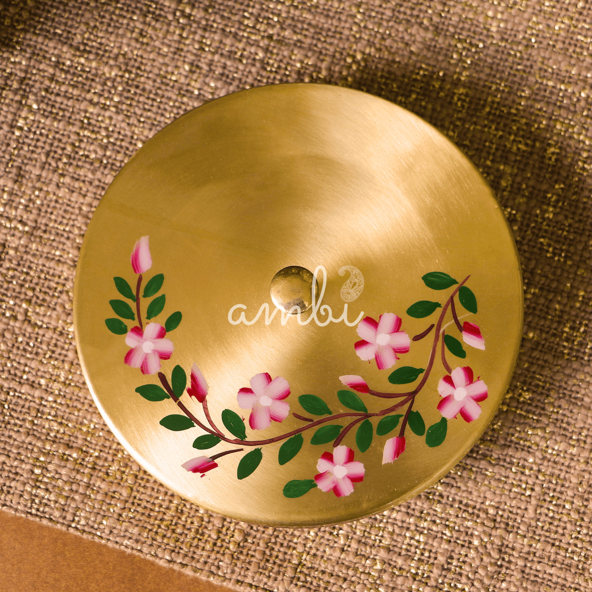 Hand Painted - Pure Brass Floral Storage Box / Cookie Box / Jewellery / Trinket - 6.5 Inches Diameter - Floral Design