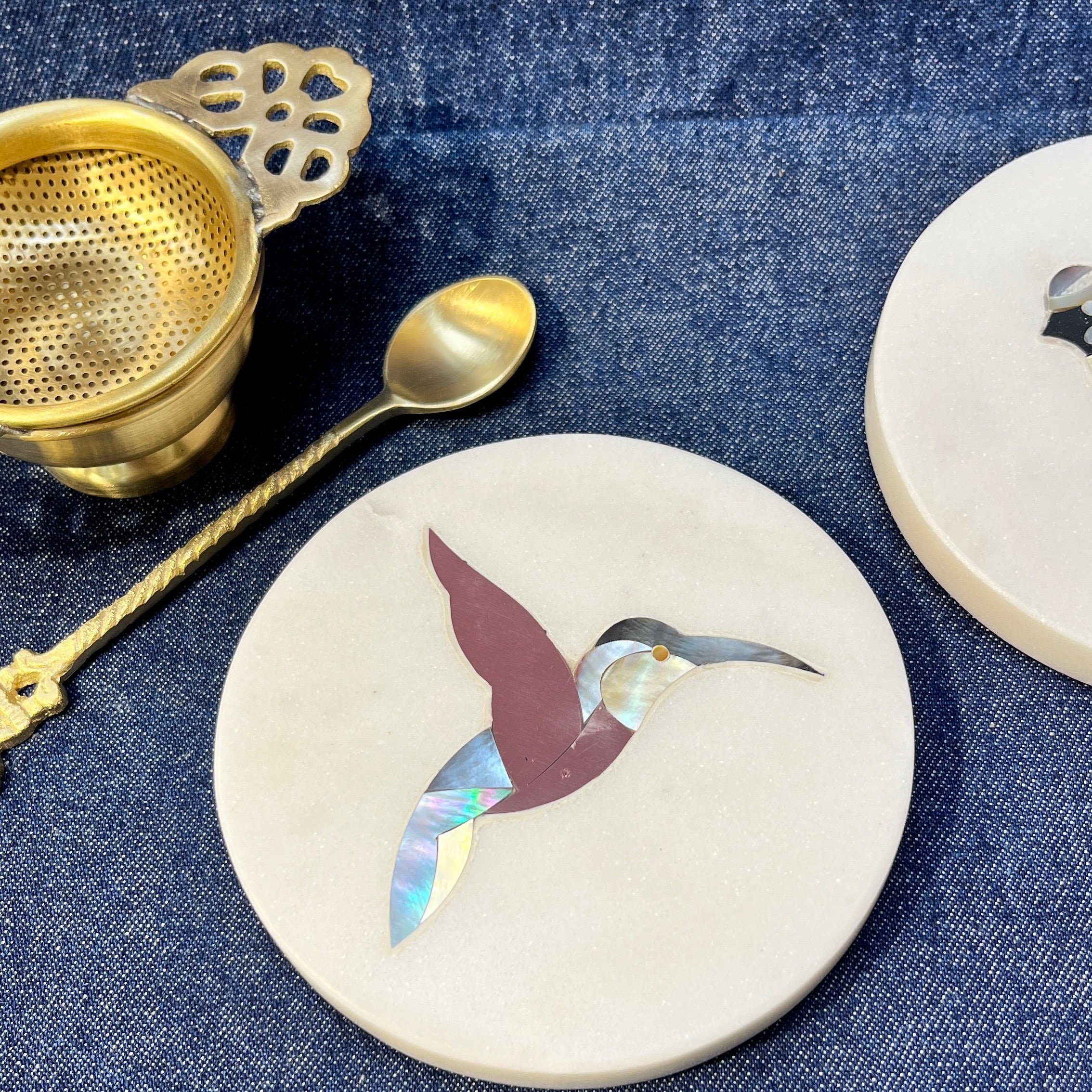 Ambi Humming Bird Marble Coasters with Inlay work red - Set of 2