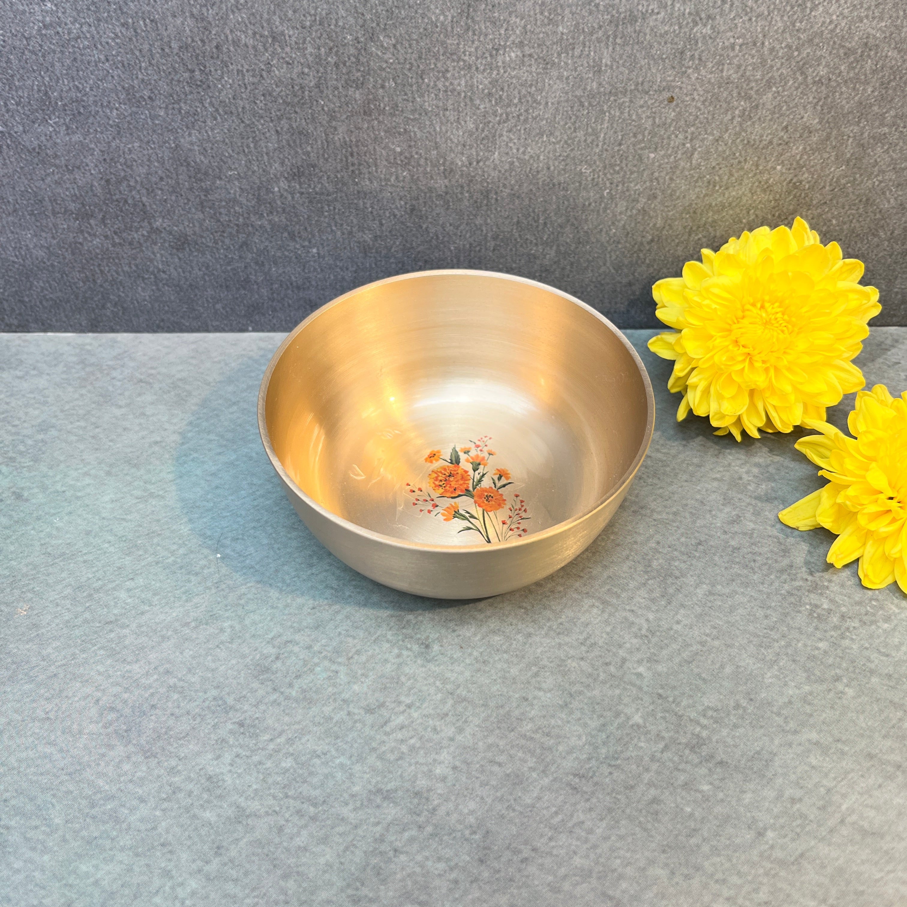 AMBI Lead Free 100% Pure Kansa Small Marigold Hand Painted Finish Small Bowl - 3.5 Inch - 180 ML