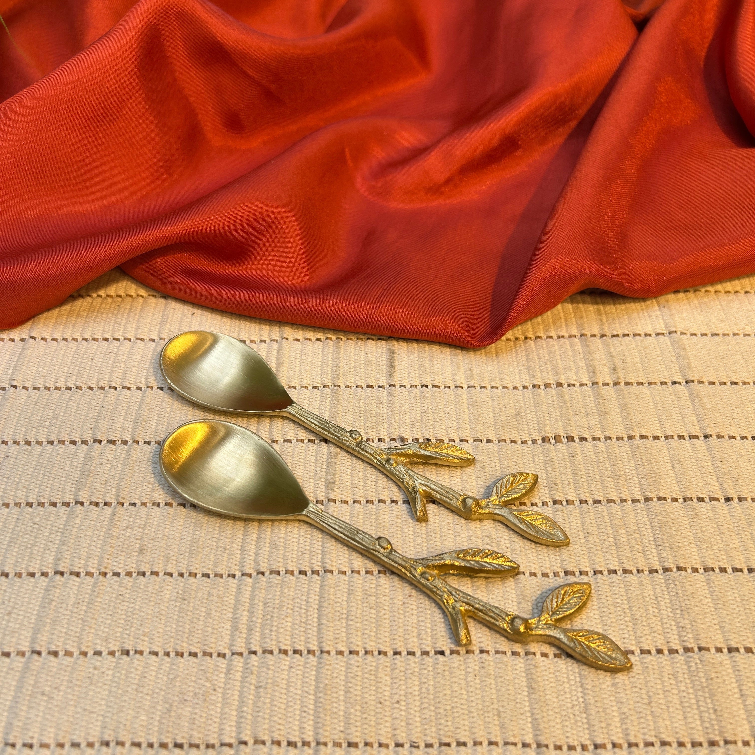 Ambi Double Golden Leaf Pure Brass Spoon | Set of 2, 4 or 6
