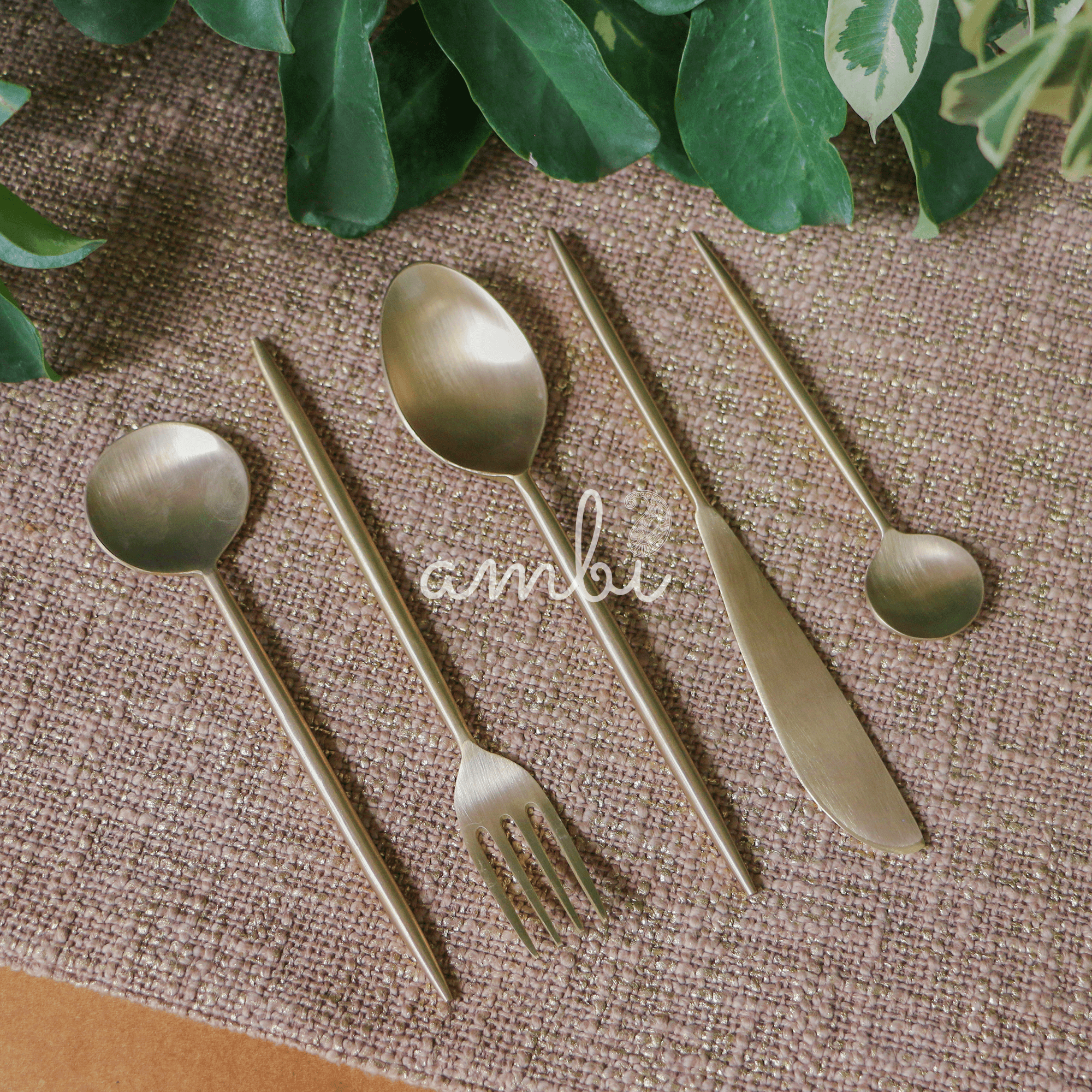 Elegant Handcrafted Heavy Pure Brass Cutlery Set of 5