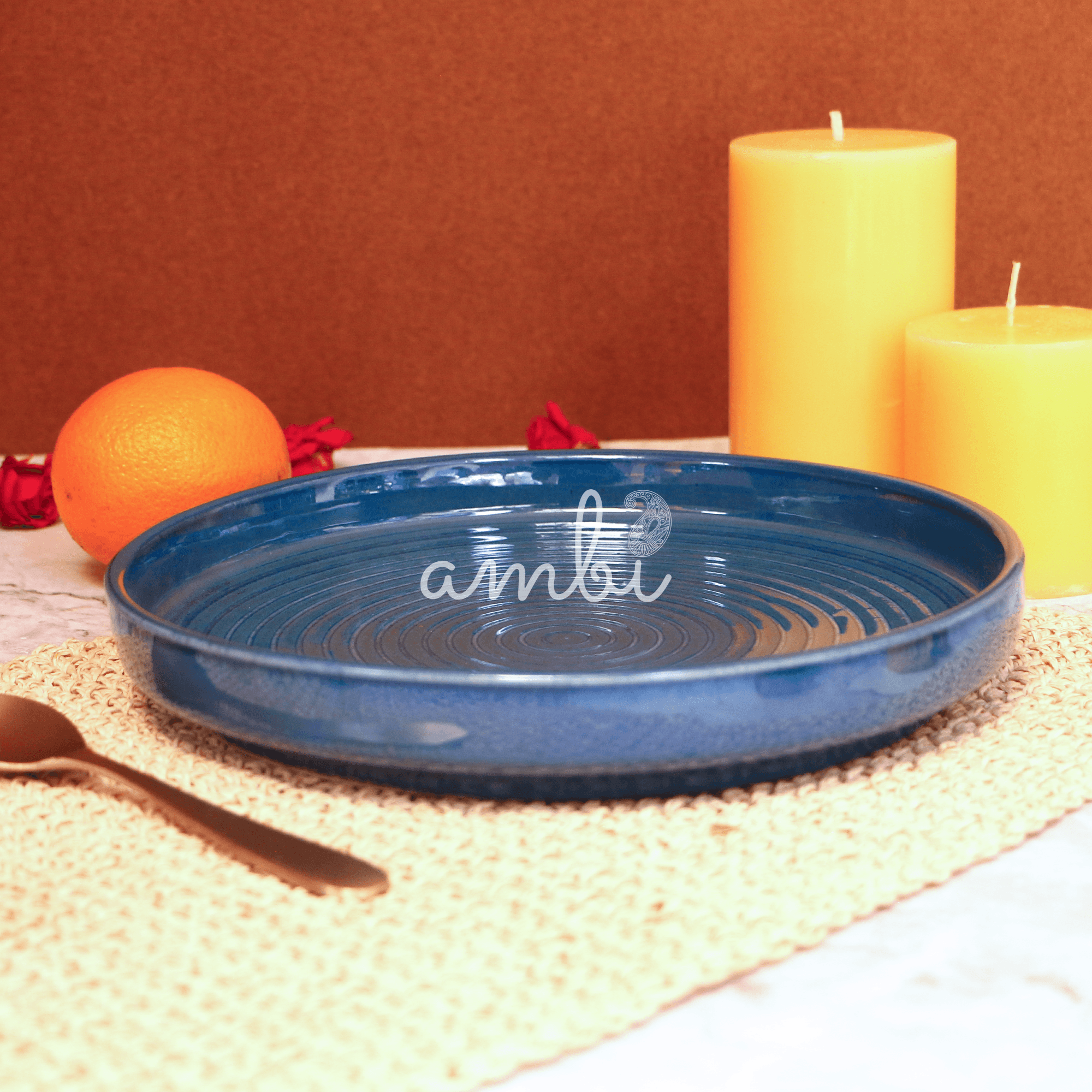 Ambi Stoneware Glazed Blue Salad Platter Large 9 inch
