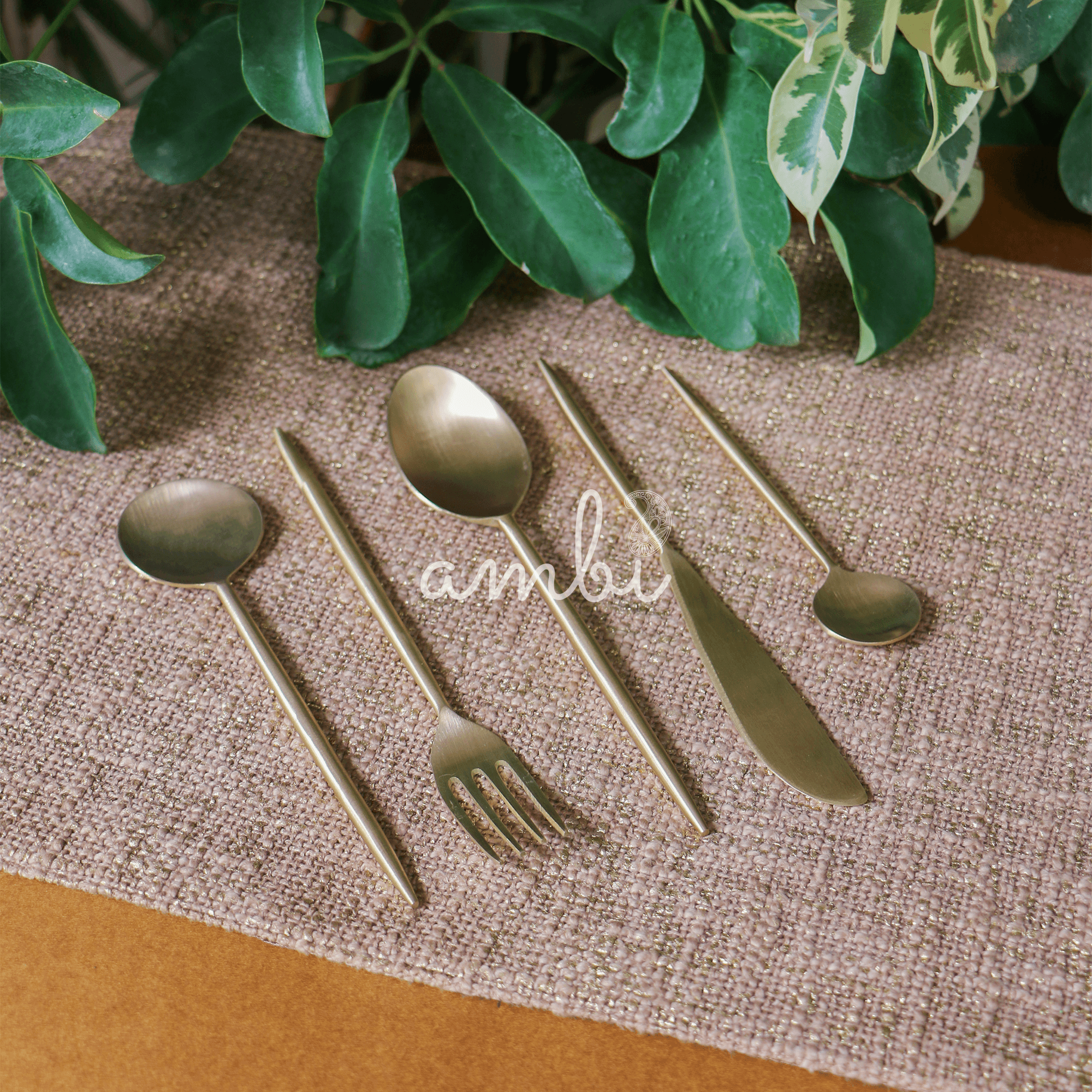 Elegant Handcrafted Heavy Pure Brass Cutlery Set of 5