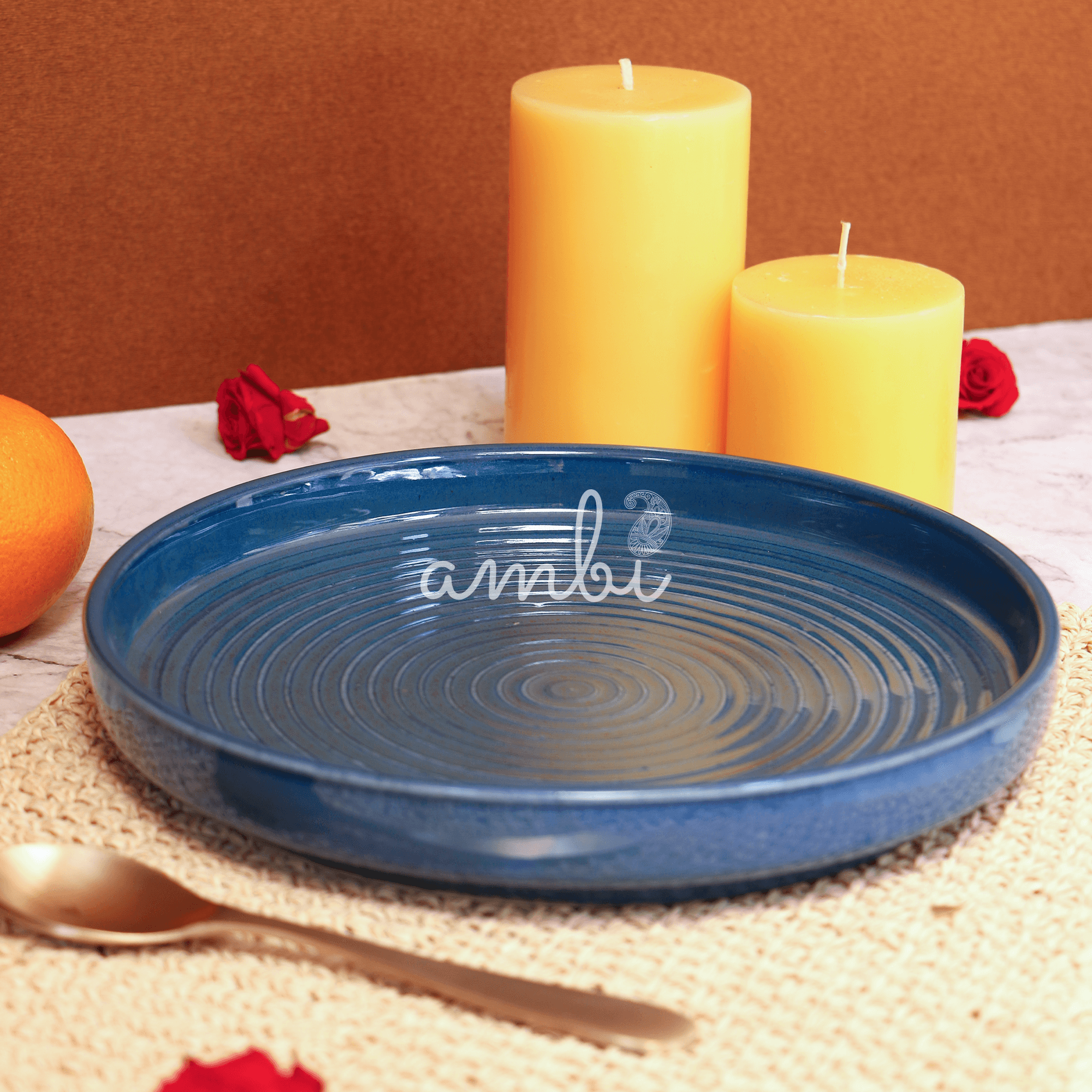 Ambi Stoneware Glazed Blue Salad Platter Large 9 inch