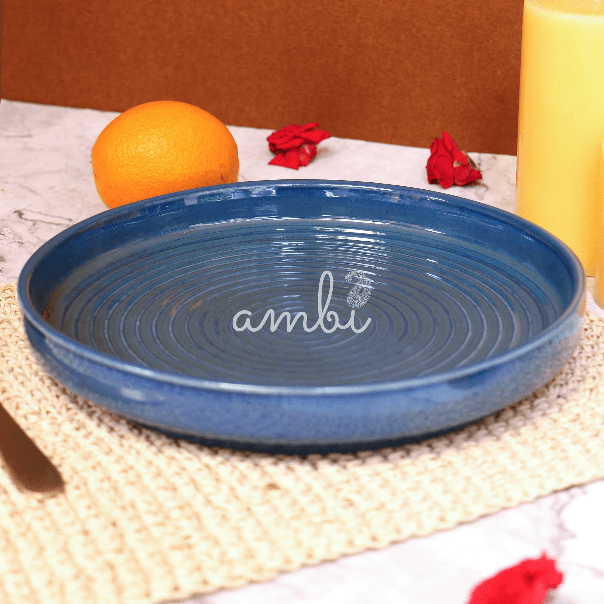 Ambi Stoneware Glazed Blue Salad Platter Large 9 inch