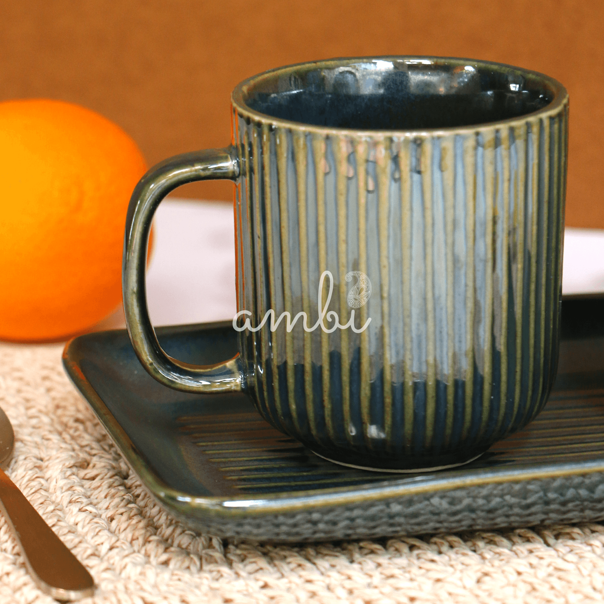 Ambi Handmade Coral Reef Green Ceramic Cups and Platter 3 Piece Set