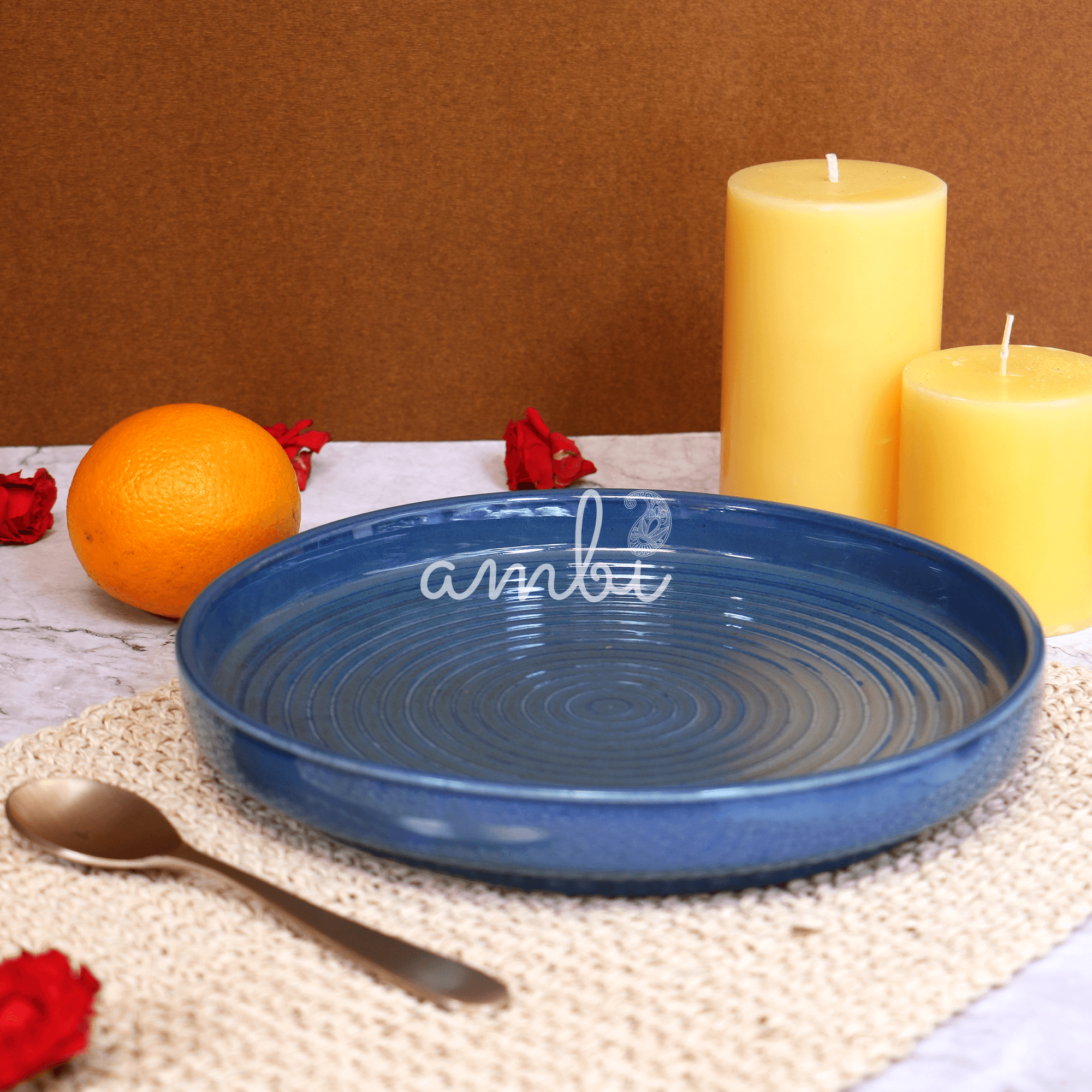 Ambi Stoneware Glazed Blue Salad Platter Large 9 inch