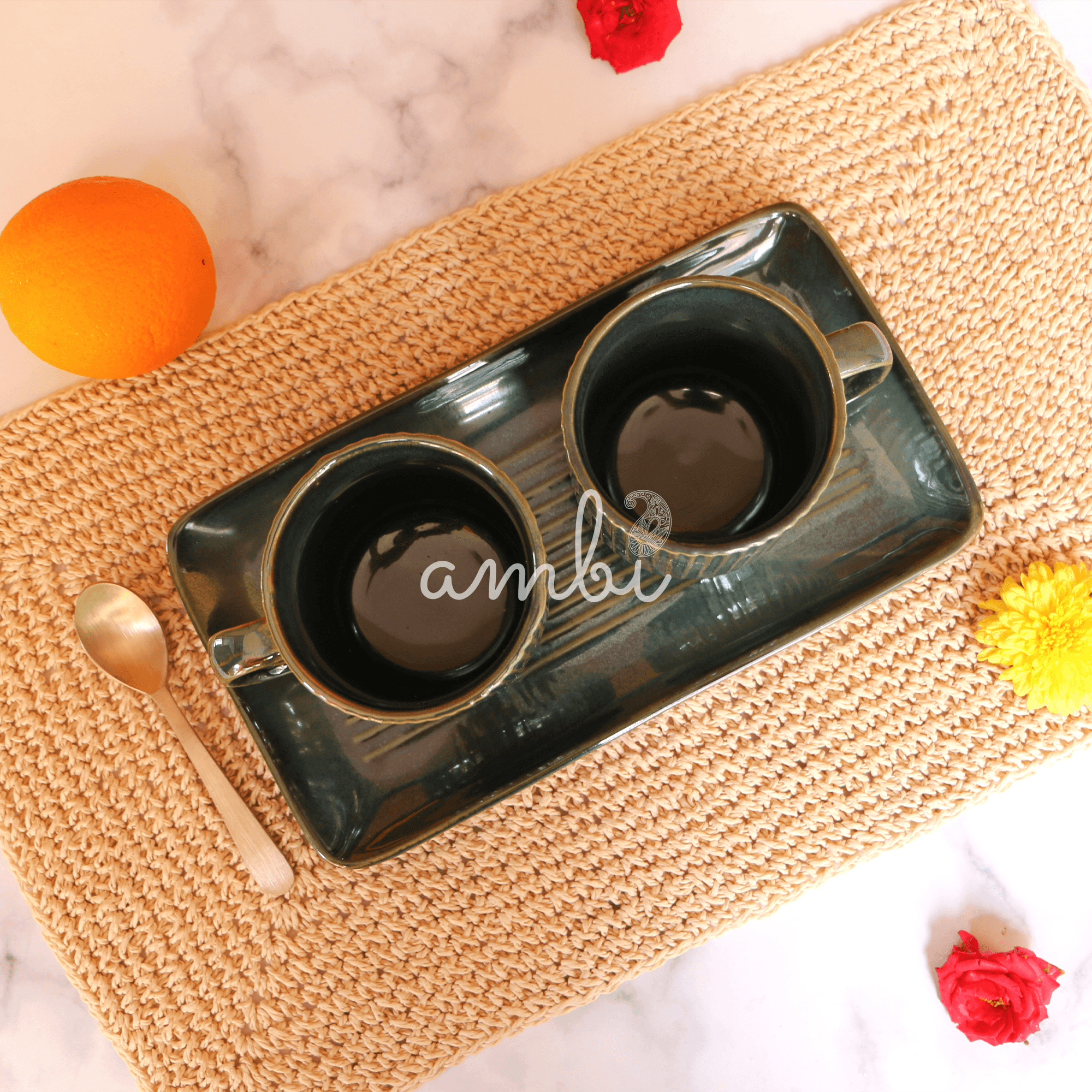 Ambi Handmade Coral Reef Green Ceramic Cups and Platter 3 Piece Set