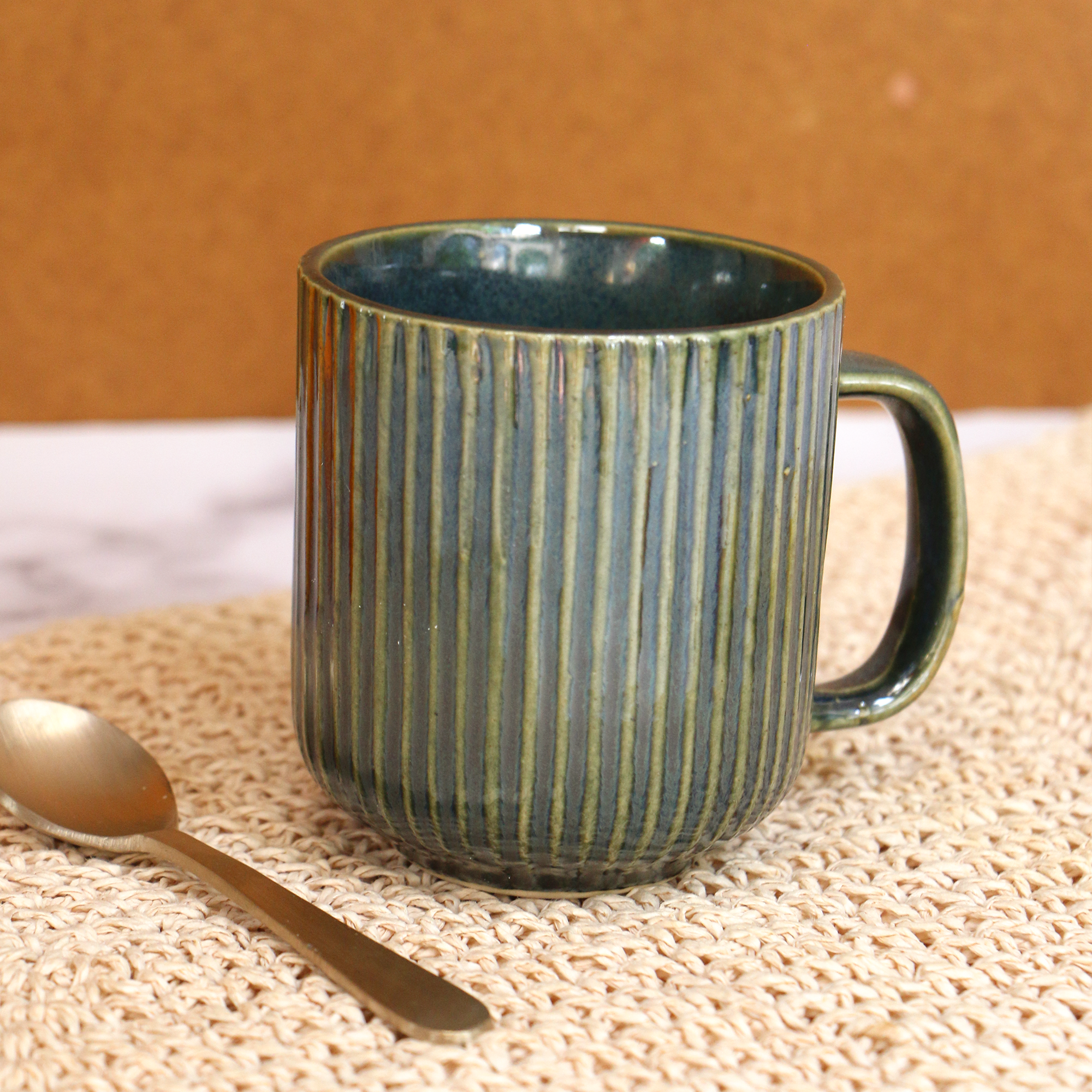 Ambi Handmade Coral Reef Green Ceramic Cups and Platter 3 Piece Set