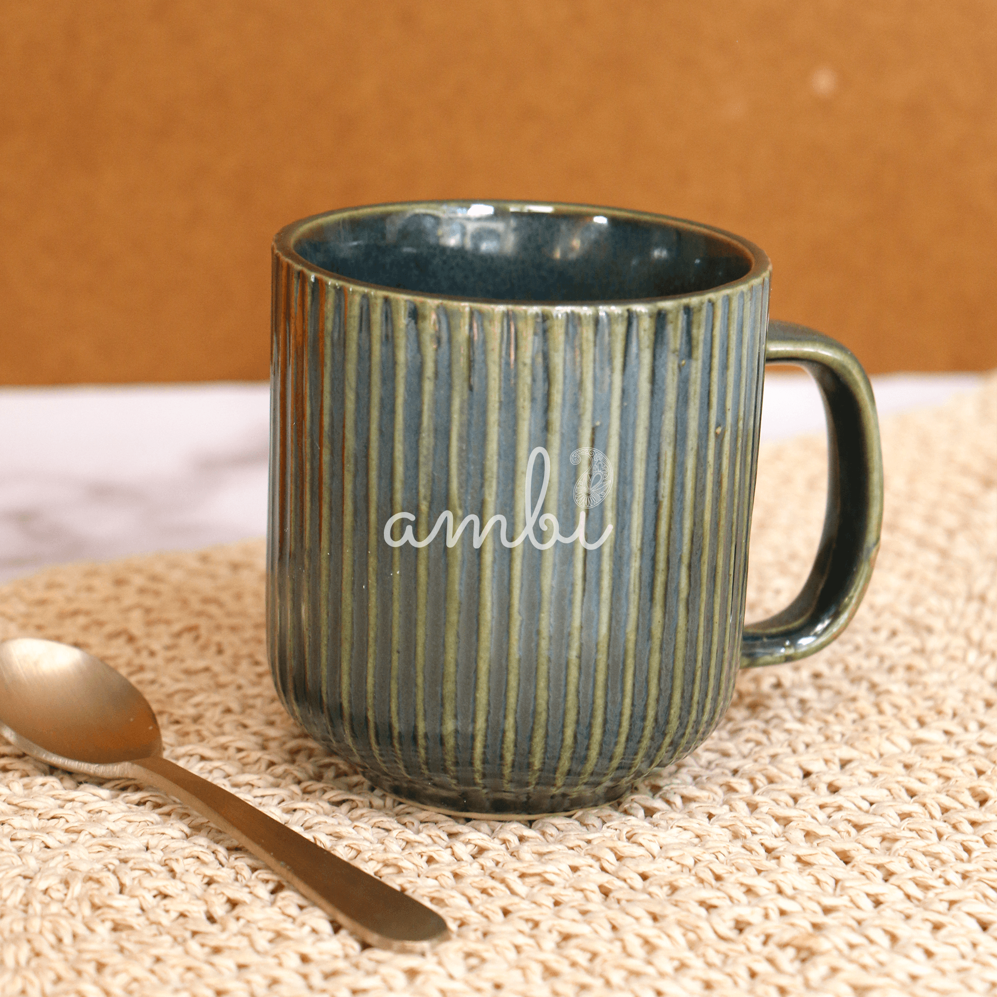 Ambi Handmade Coral Reef Green Ceramic Cups and Platter 3 Piece Set