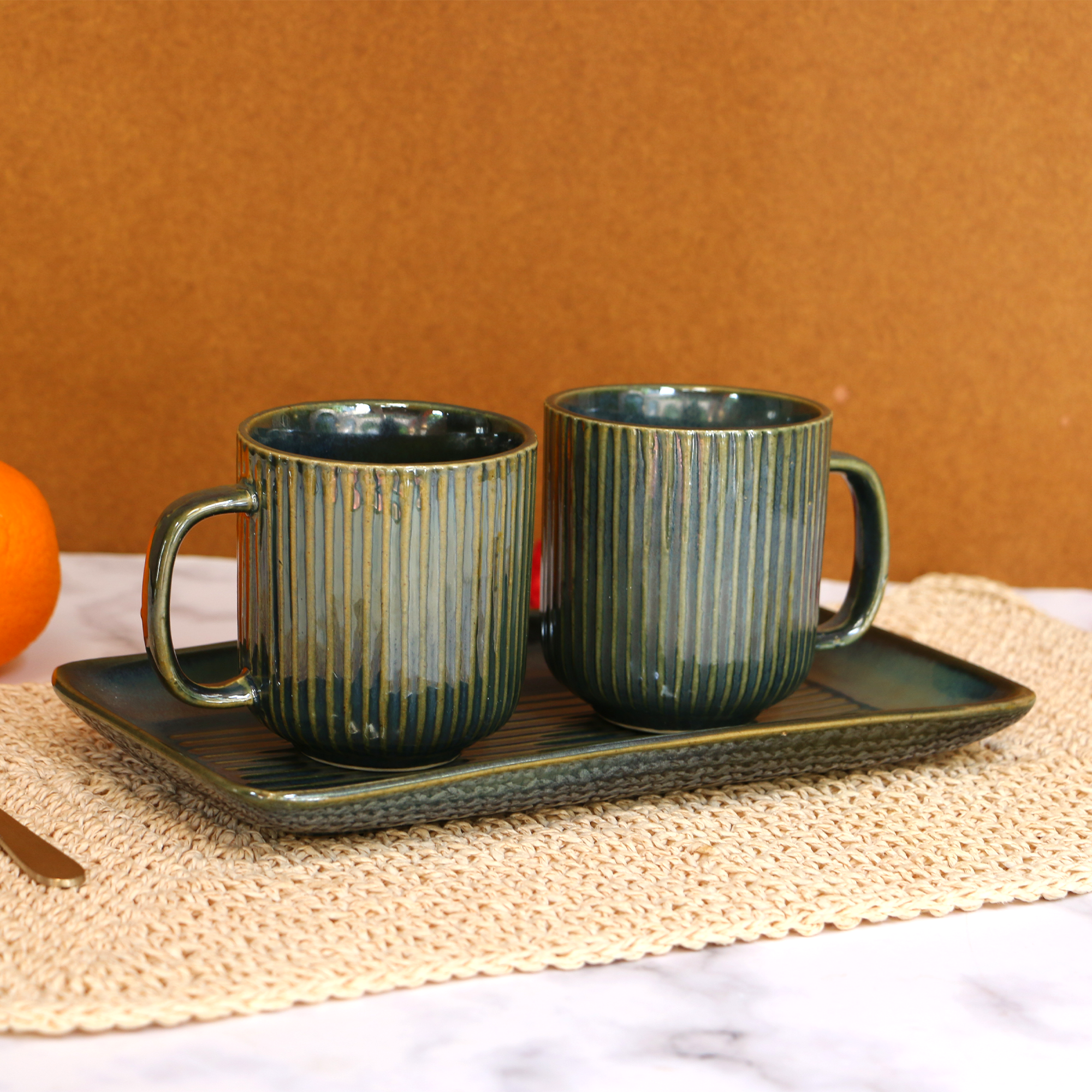 Ambi Handmade Coral Reef Green Ceramic Cups and Platter 3 Piece Set