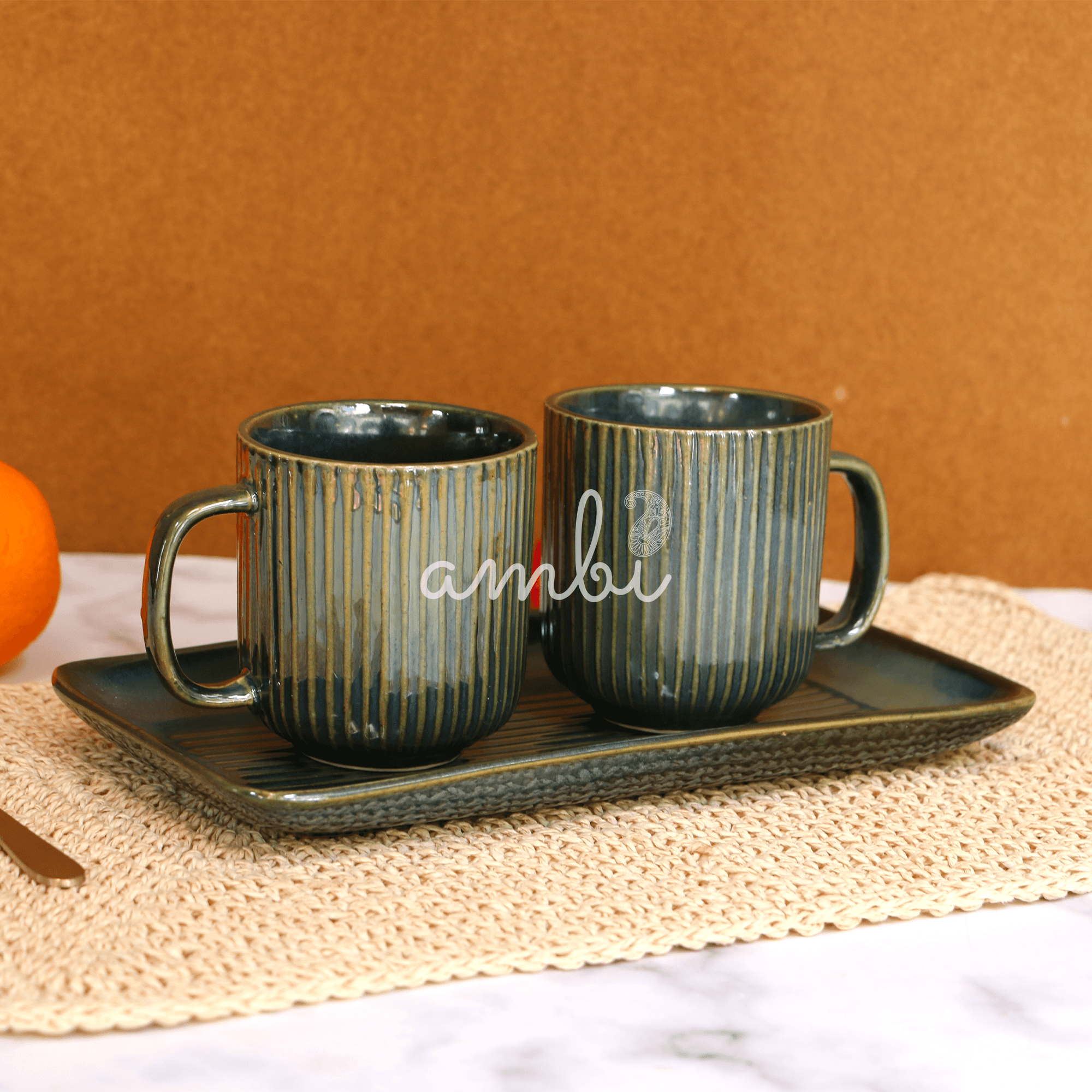 Ambi Handmade Coral Reef Green Ceramic Cups and Platter 3 Piece Set