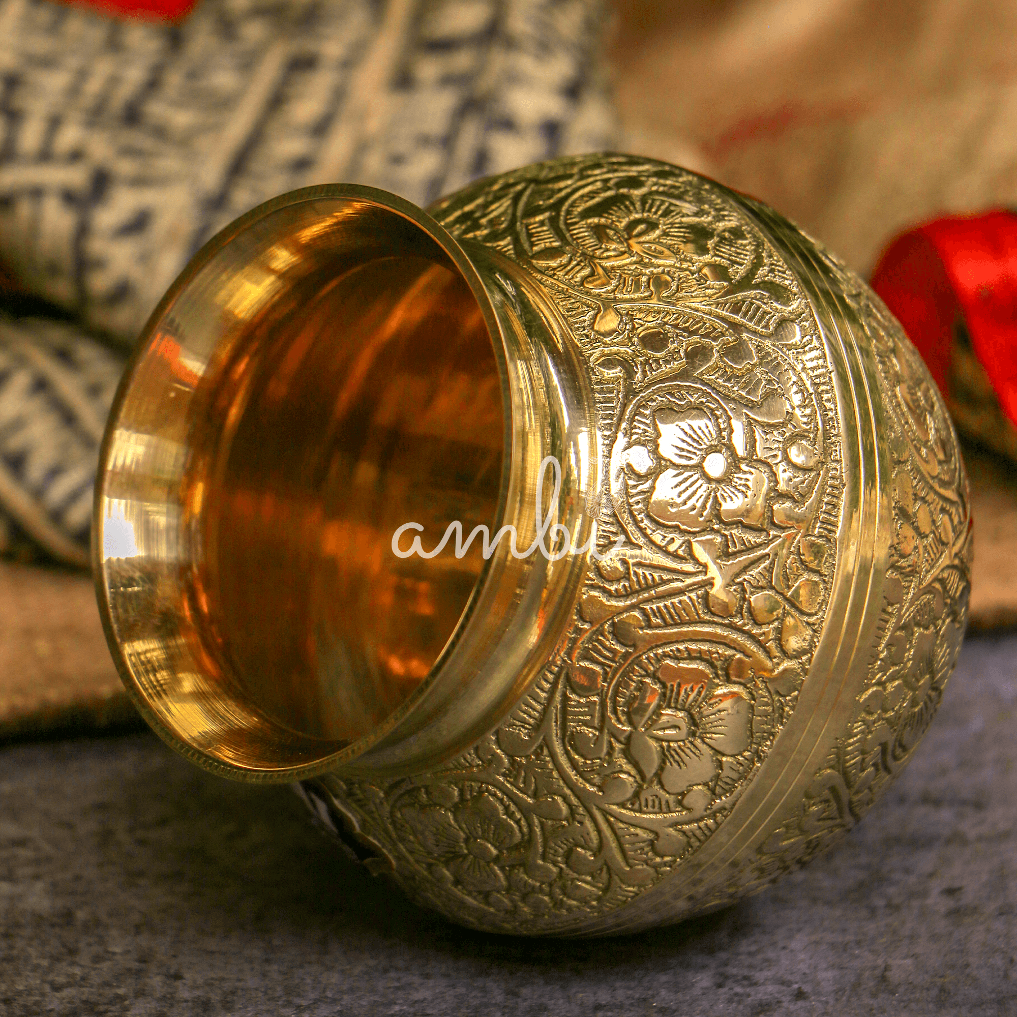 100 % Brass Embossed Lota Kalash for Pooja or Water Storage - Round
